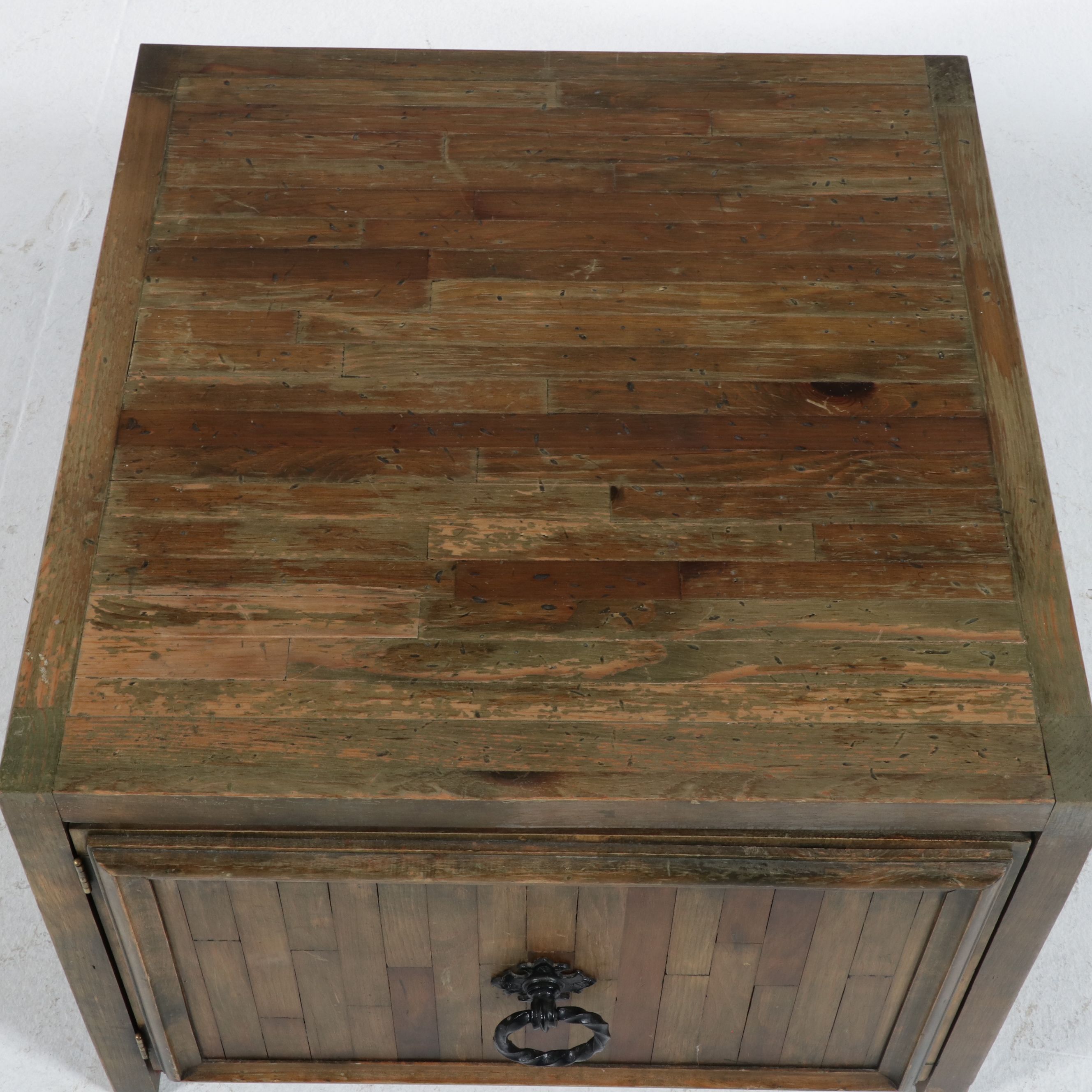Rustic Parquet-Style Hardwood Cube Side Table with Cabinet, 21st Century