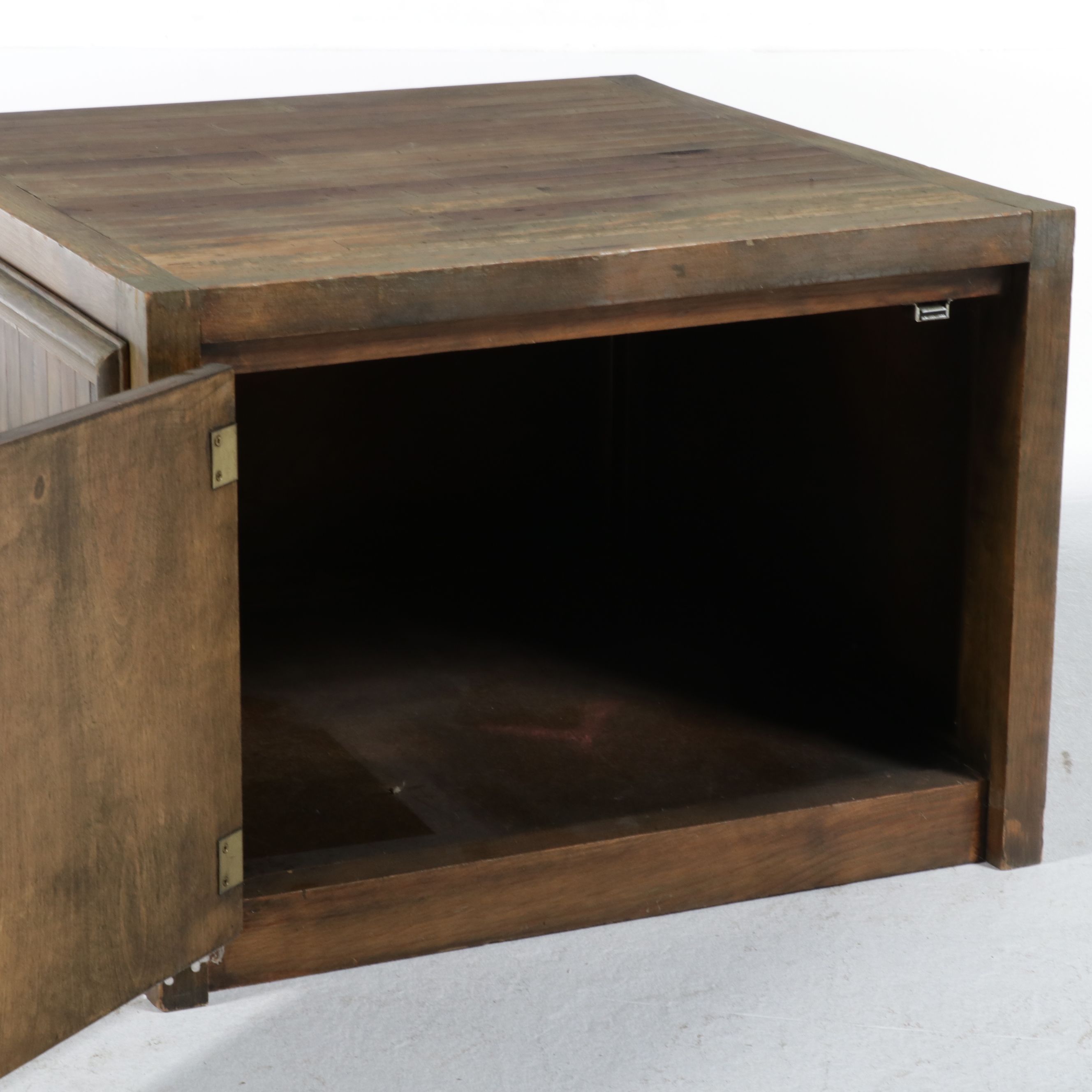 Rustic Parquet-Style Hardwood Cube Side Table with Cabinet, 21st Century