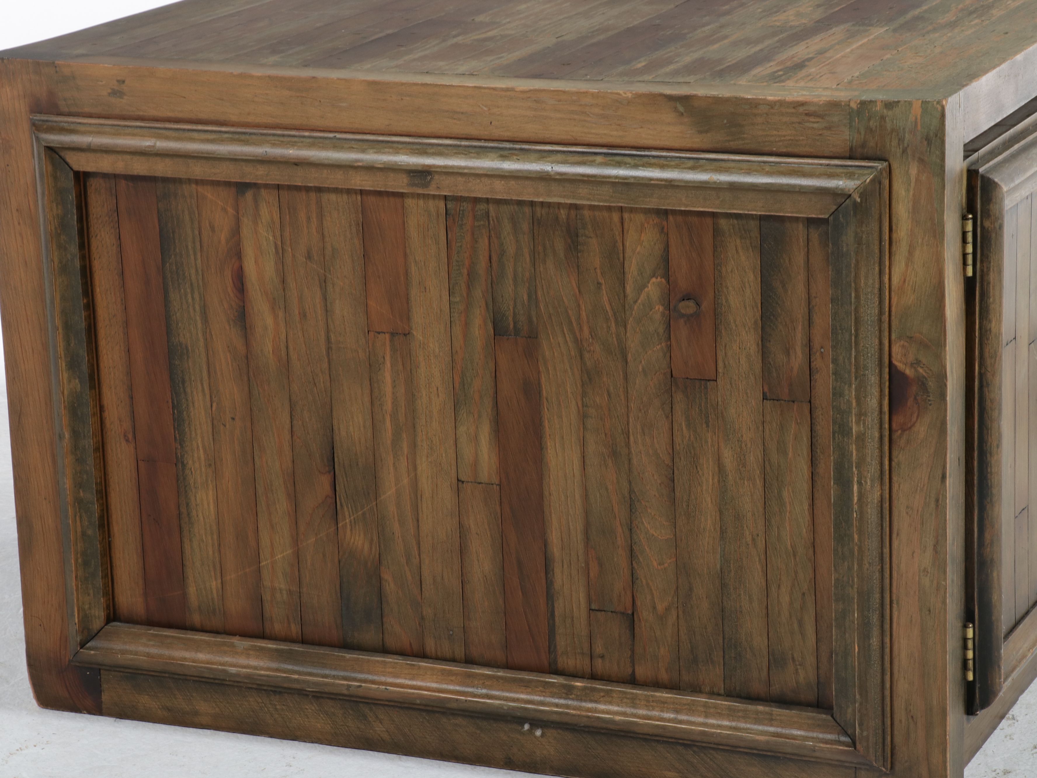 Rustic Parquet-Style Hardwood Cube Side Table with Cabinet, 21st Century