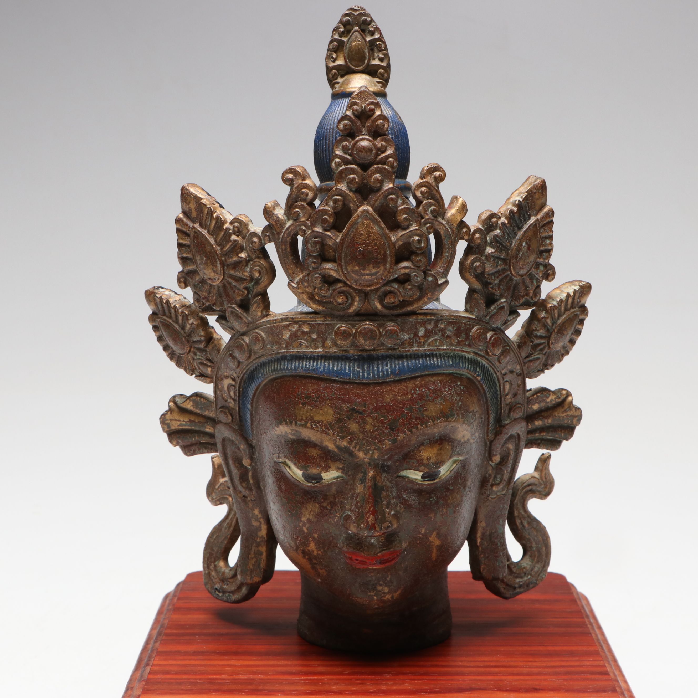 Tibetan Polychrome Cast Metal Head of Buddhist Deity Tara