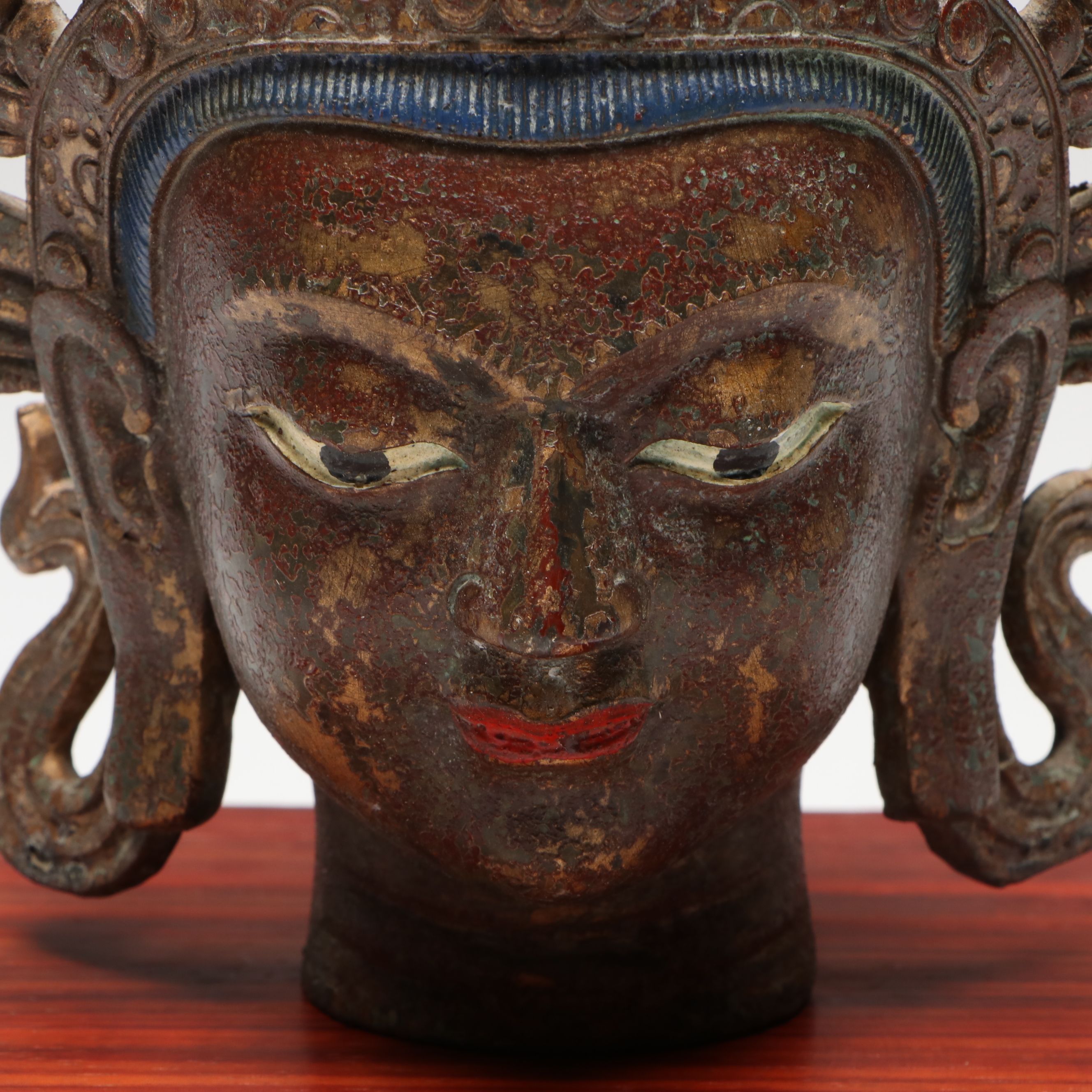 Tibetan Polychrome Cast Metal Head of Buddhist Deity Tara