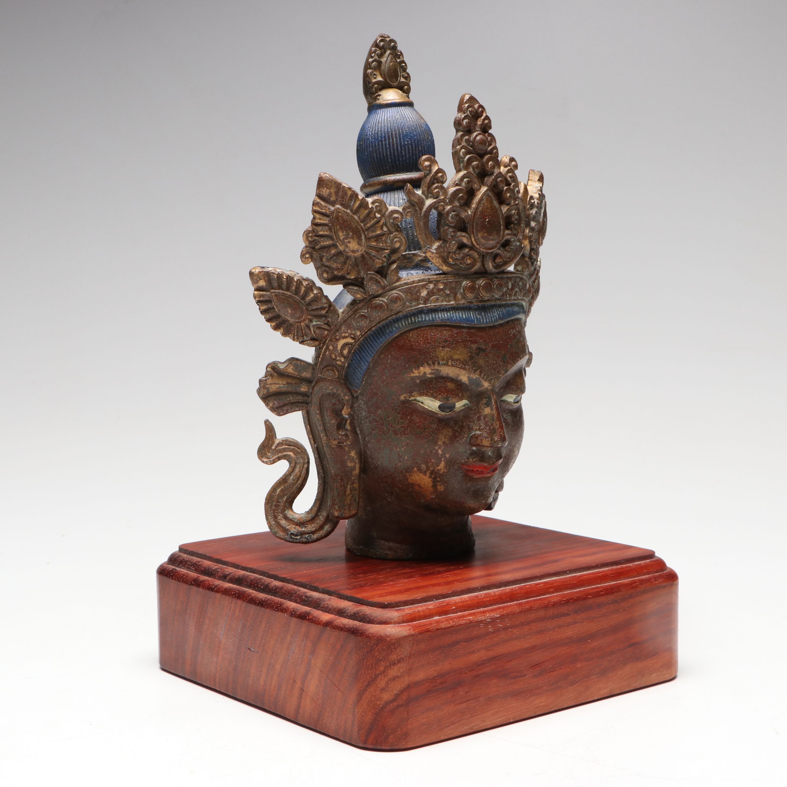 Tibetan Polychrome Cast Metal Head of Buddhist Deity Tara