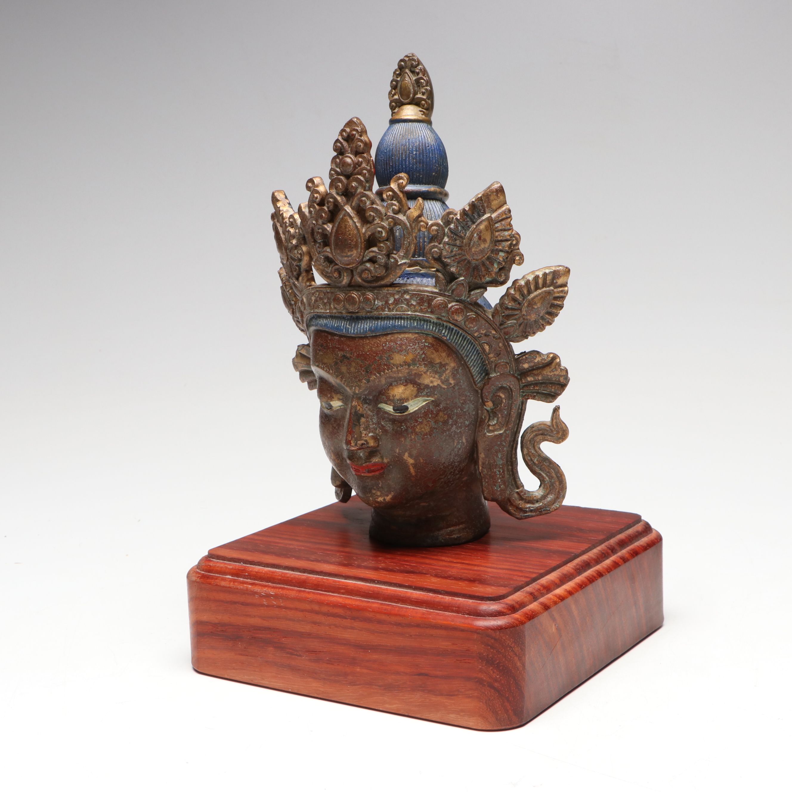 Tibetan Polychrome Cast Metal Head of Buddhist Deity Tara