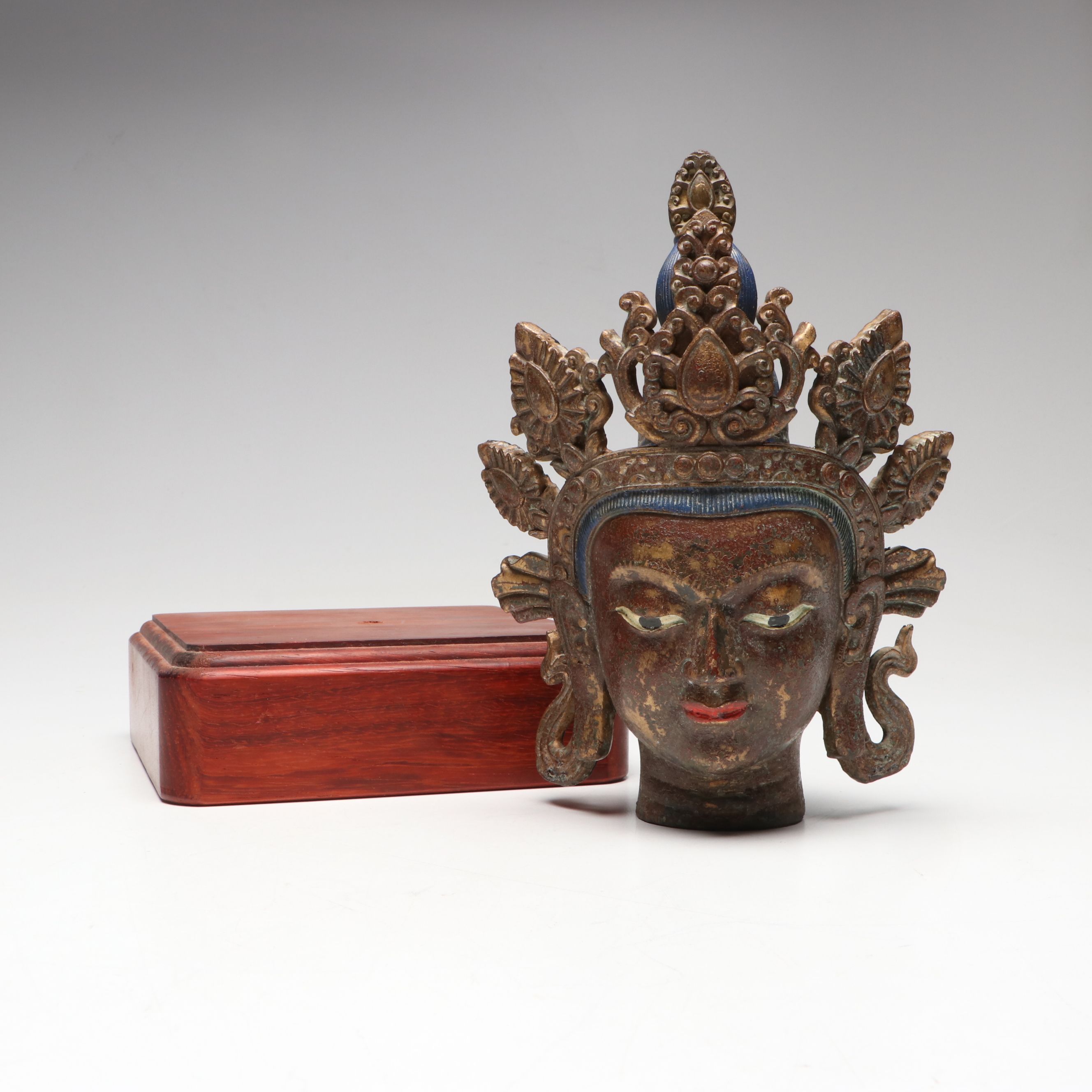 Tibetan Polychrome Cast Metal Head of Buddhist Deity Tara