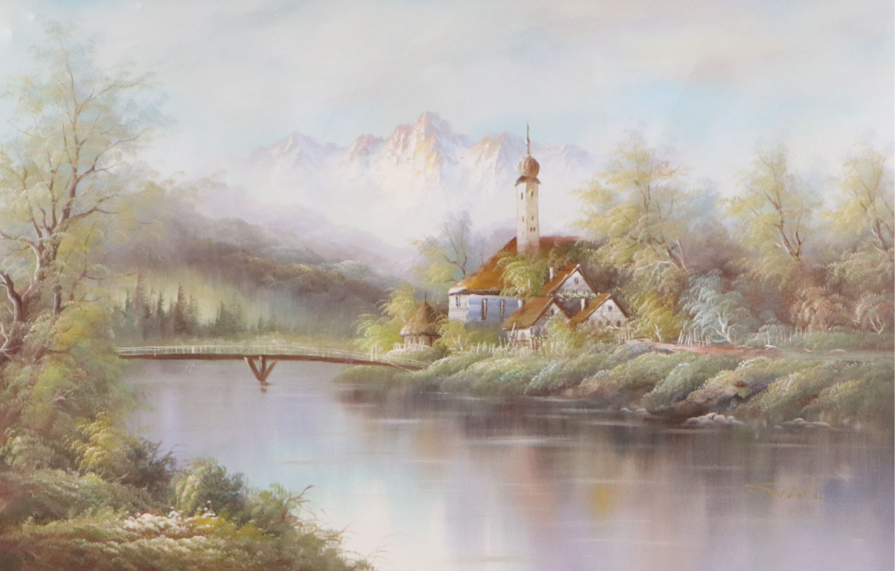 Swan River Landscape Oil Painting, Late 20th Century