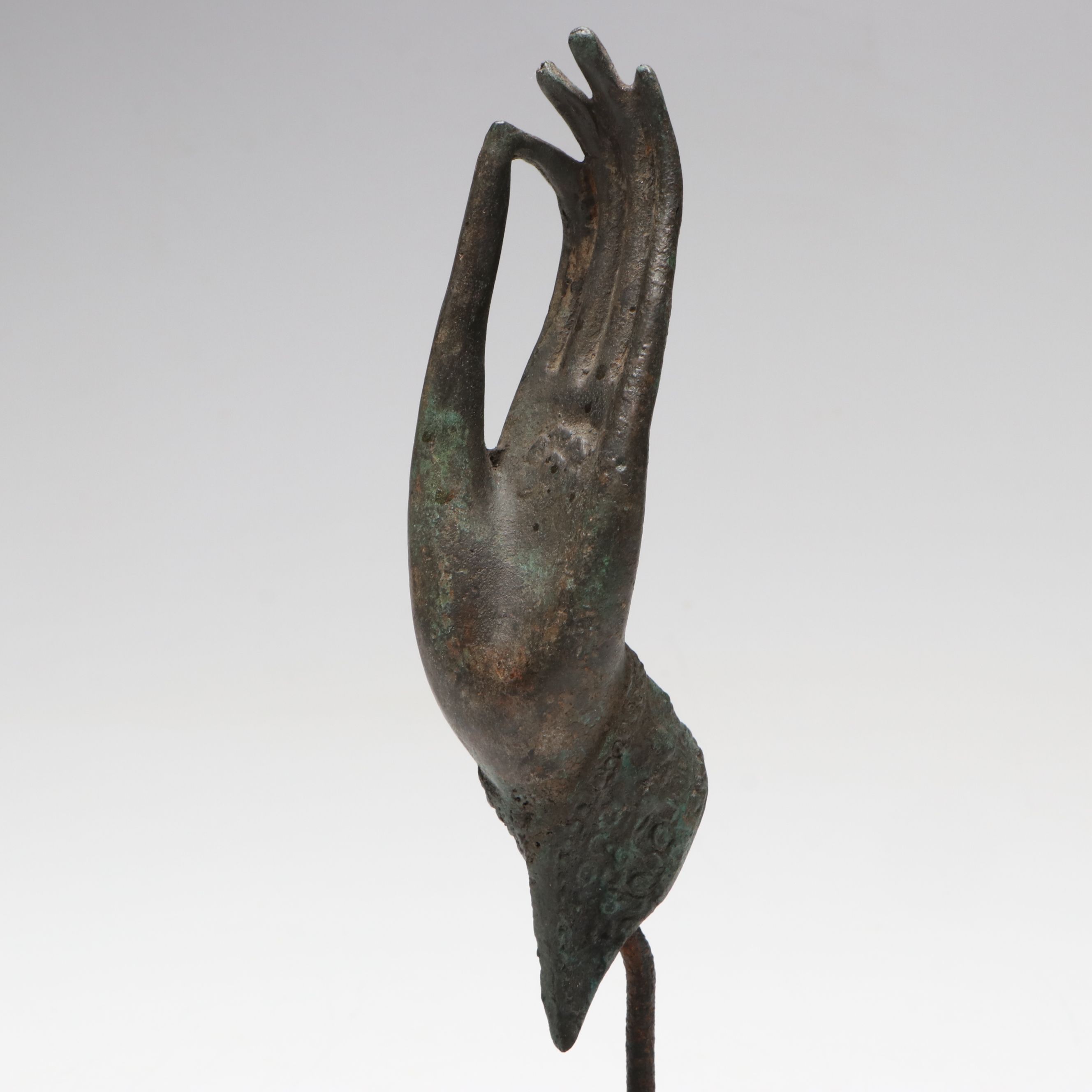 Thai Style Patinated Cast Metal Buddha Hand on Wooden Base