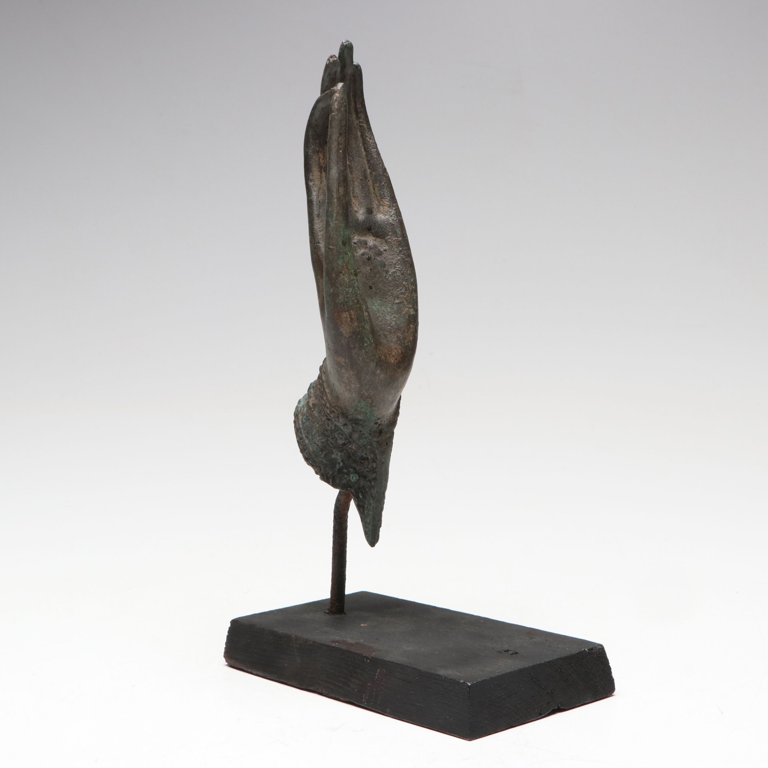 Thai Style Patinated Cast Metal Buddha Hand on Wooden Base
