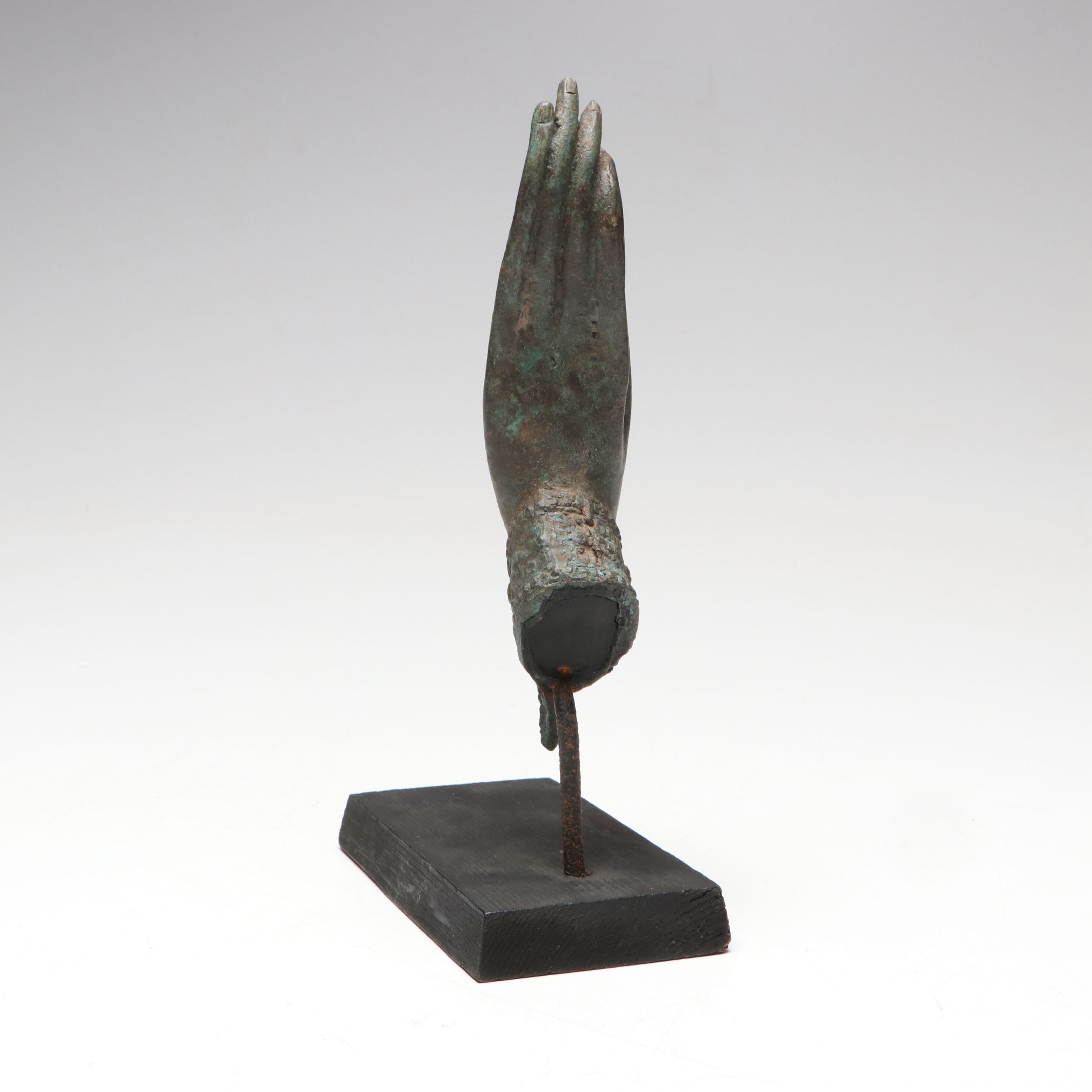 Thai Style Patinated Cast Metal Buddha Hand on Wooden Base