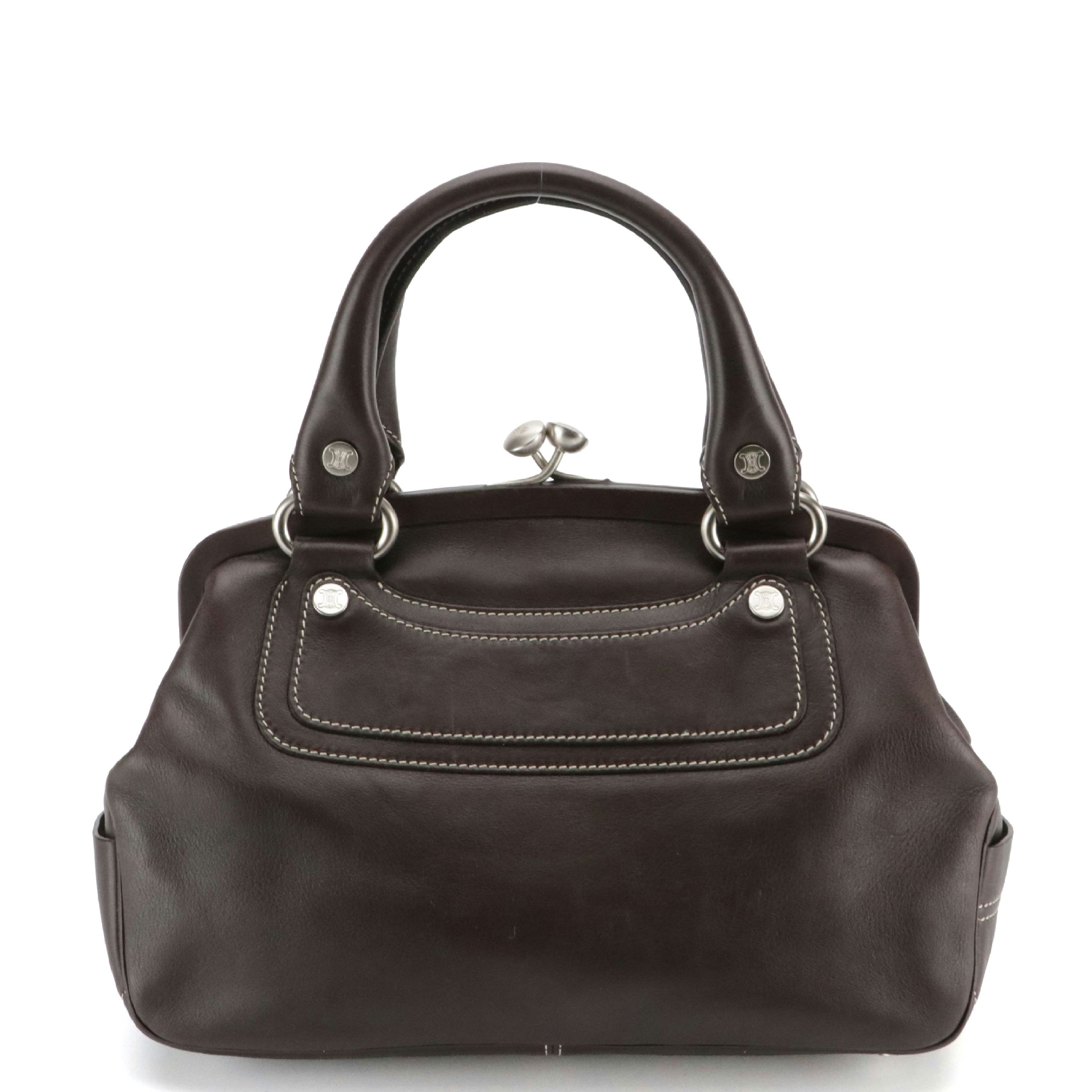 Celine Brown Leather Kiss Lock Boogie Handbag with Contrast Stitching