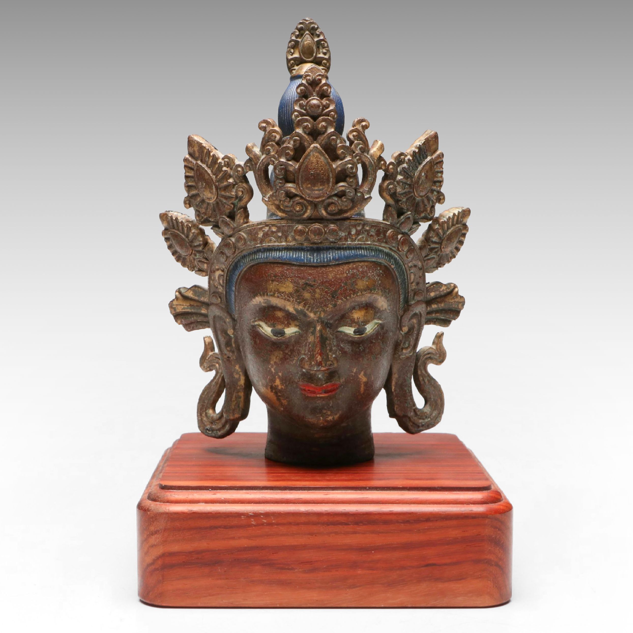 Tibetan Polychrome Cast Metal Head of Buddhist Deity Tara