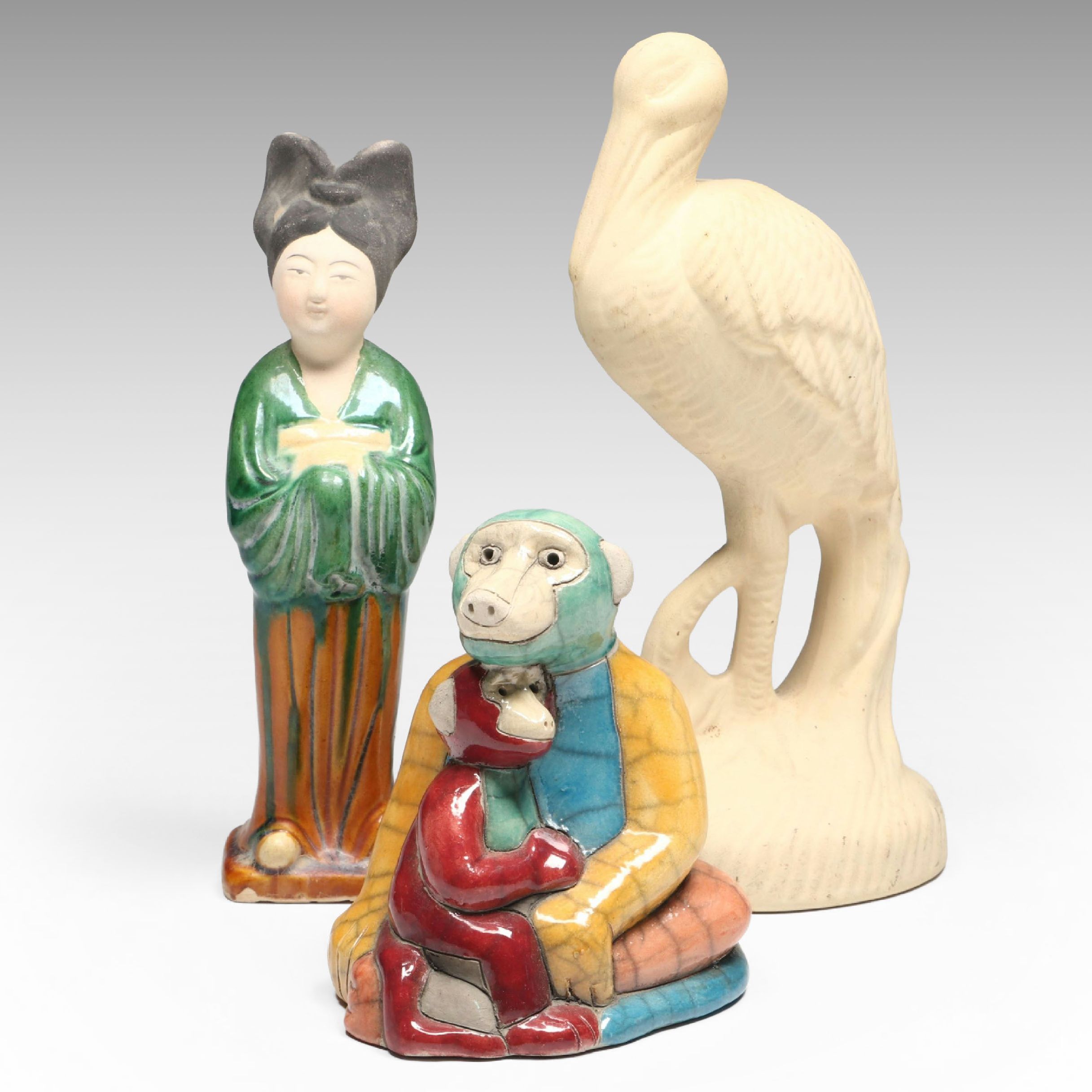 Chinese Tang Style Sancai Glaze Female Figure, Other Crane and Monkey Figures