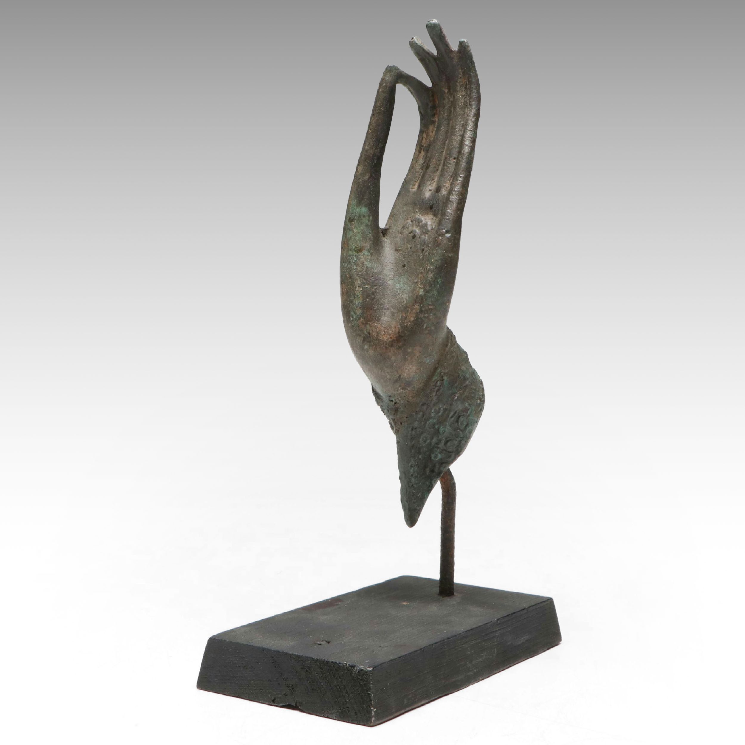 Thai Style Patinated Cast Metal Buddha Hand on Wooden Base