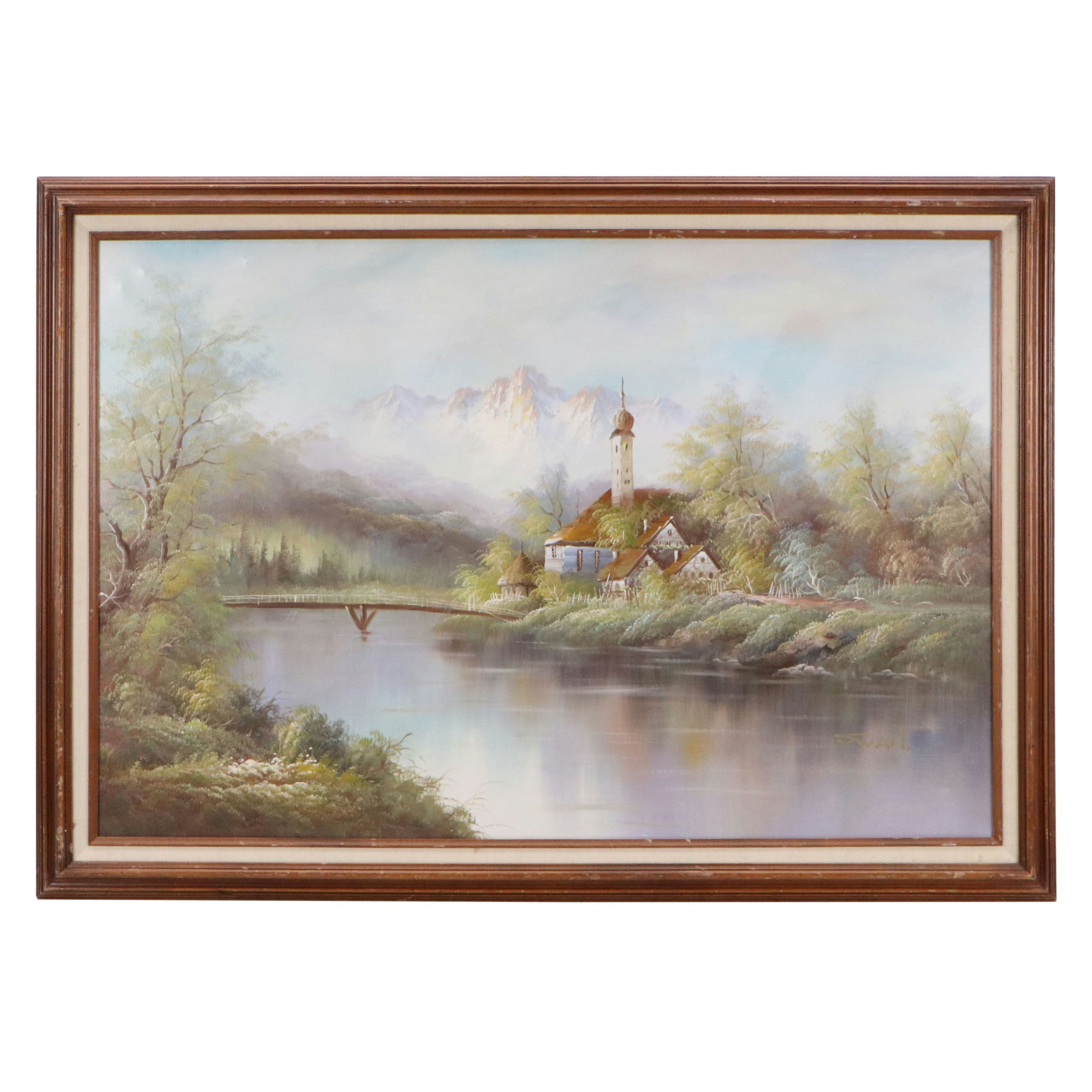 Swan River Landscape Oil Painting, Late 20th Century