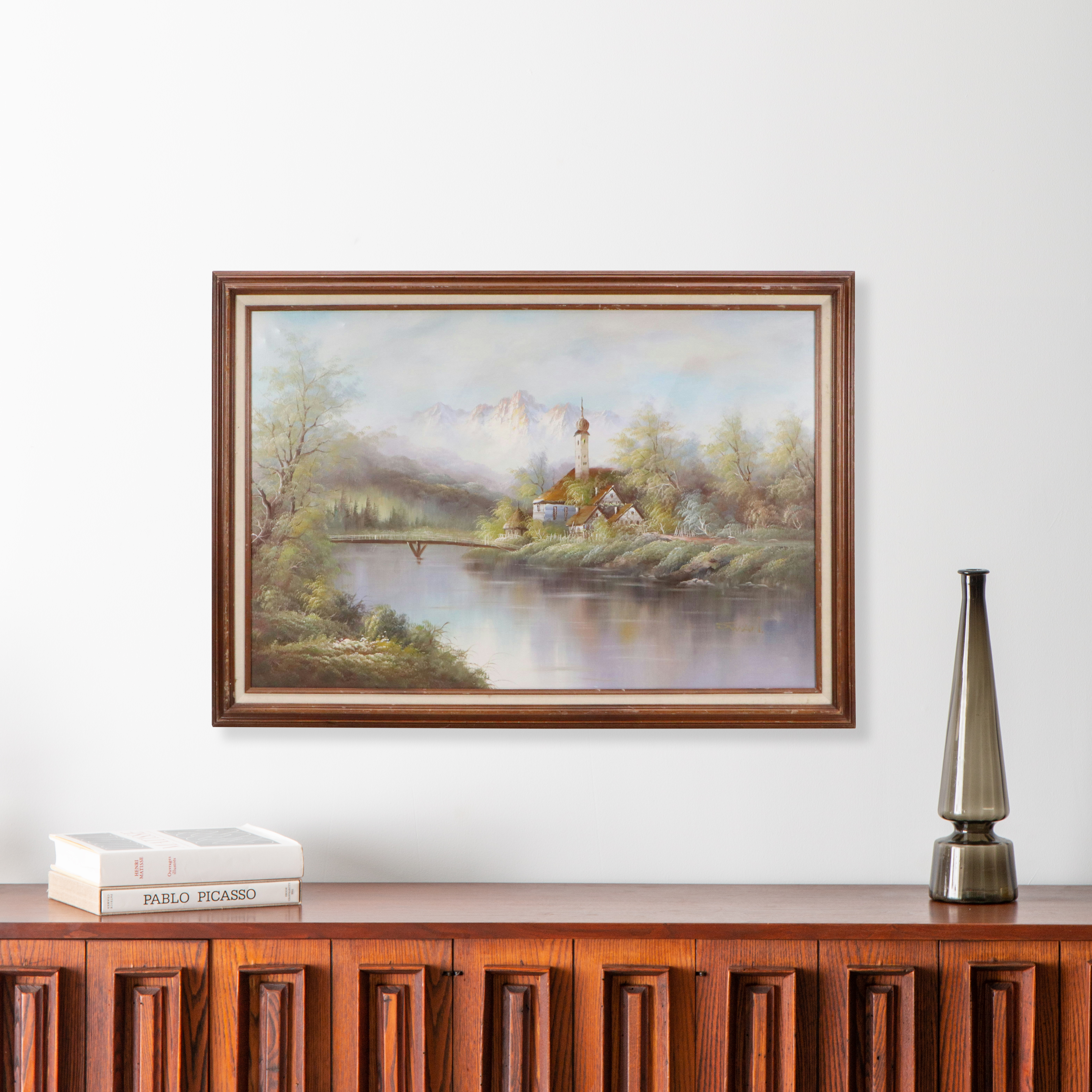 Swan River Landscape Oil Painting, Late 20th Century