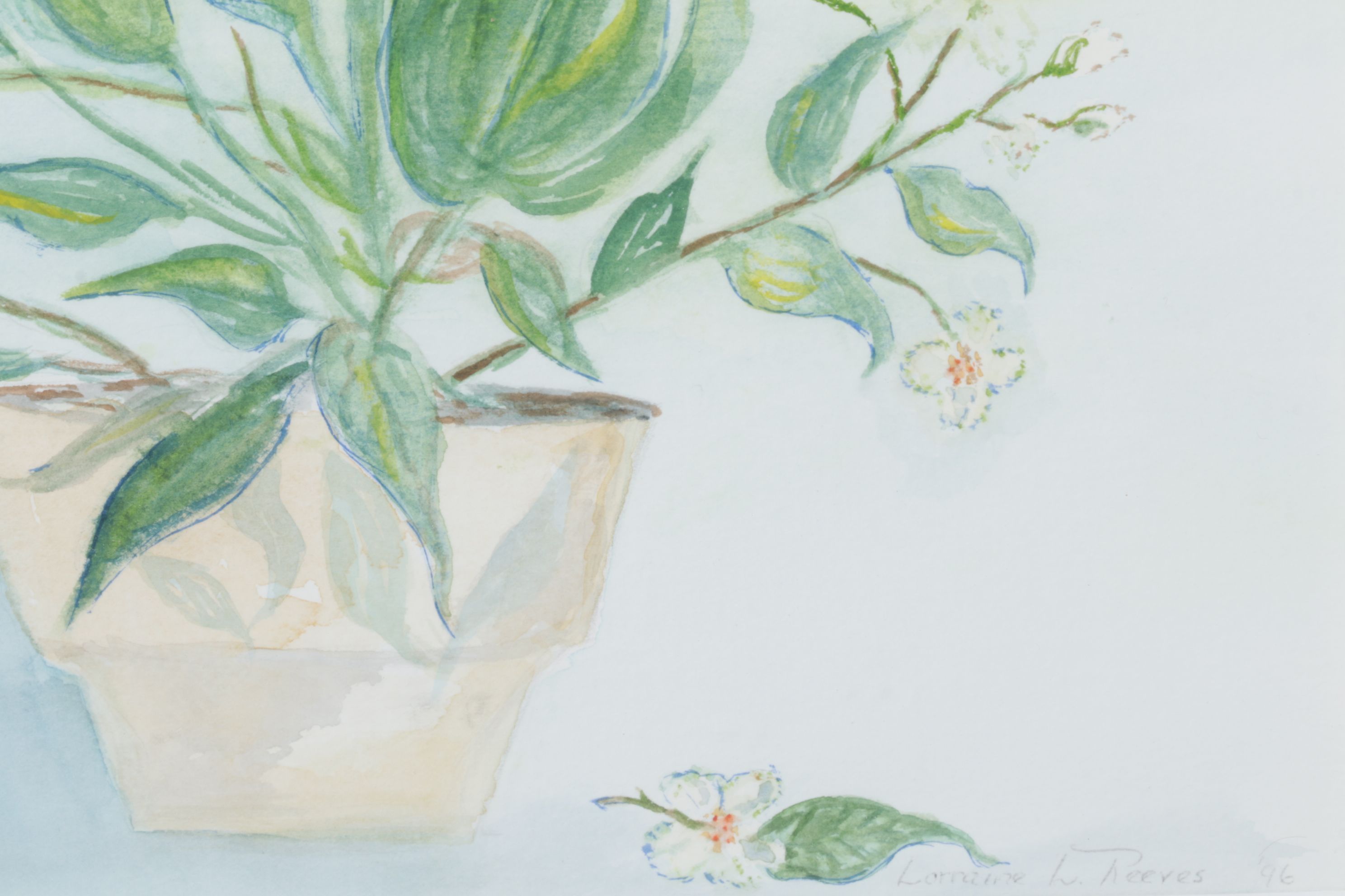 Lorraine L. Reeves Floral Watercolor Still Life Painting of Potted Plant, 1996