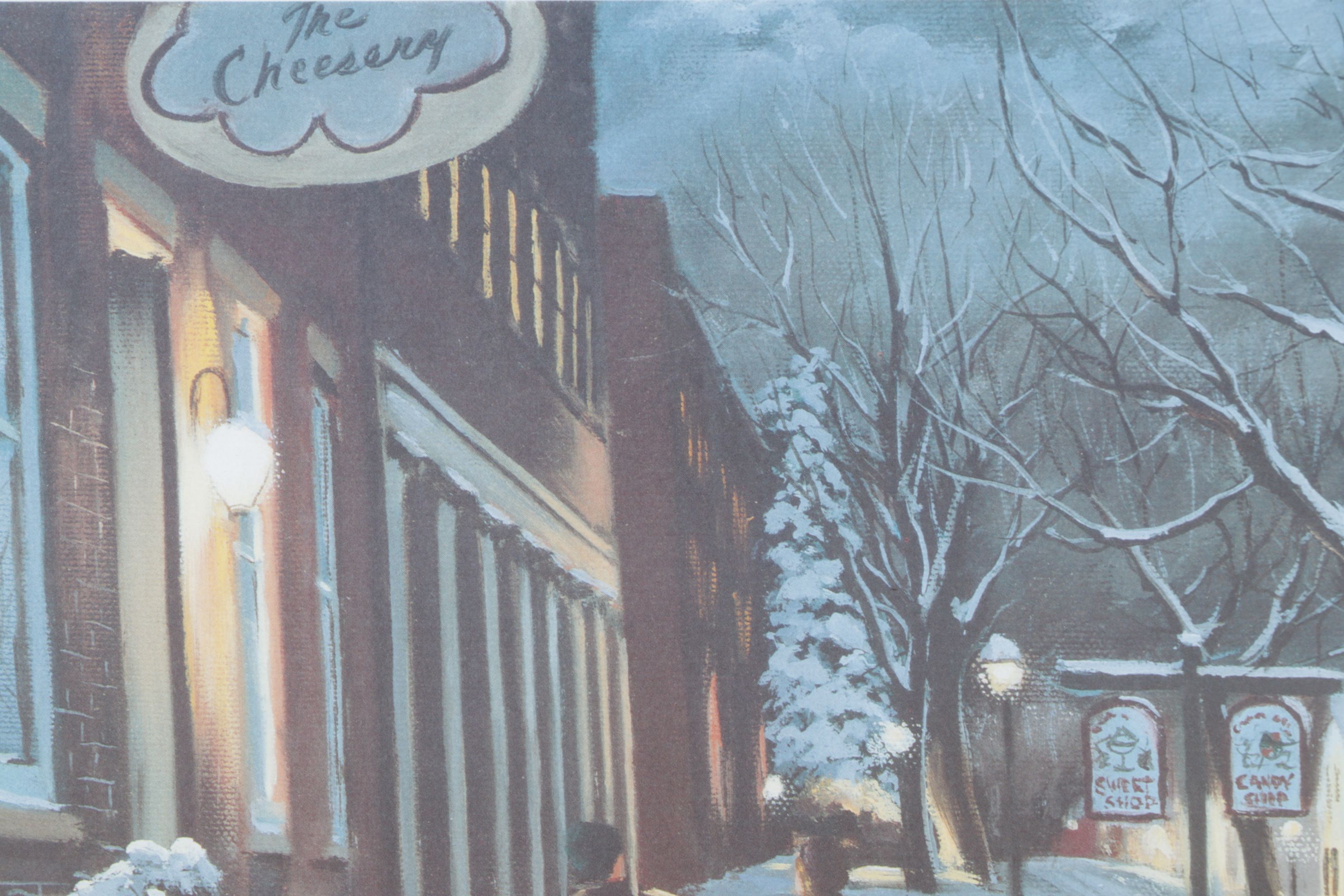 K. W. Thomas Offset Lithograph Scene of Winter Stroll in Roscoe Village, OH