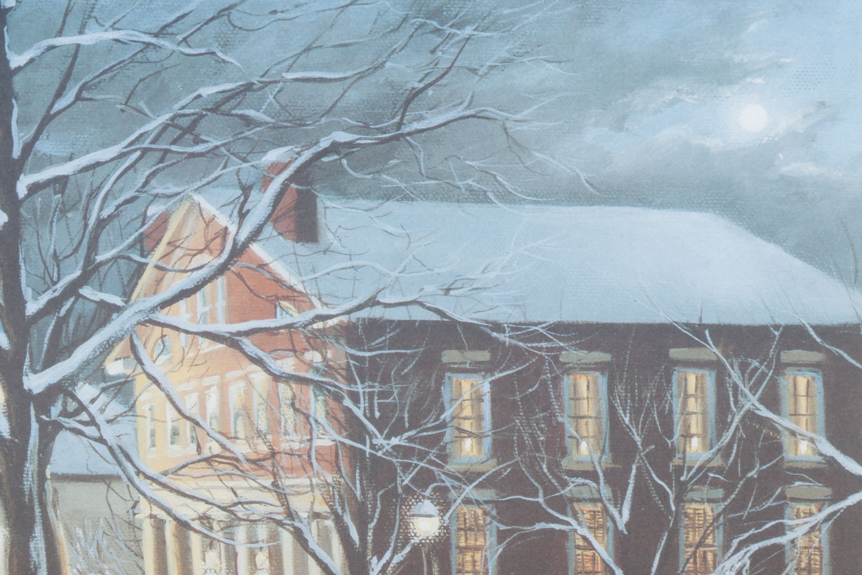 K. W. Thomas Offset Lithograph Scene of Winter Stroll in Roscoe Village, OH