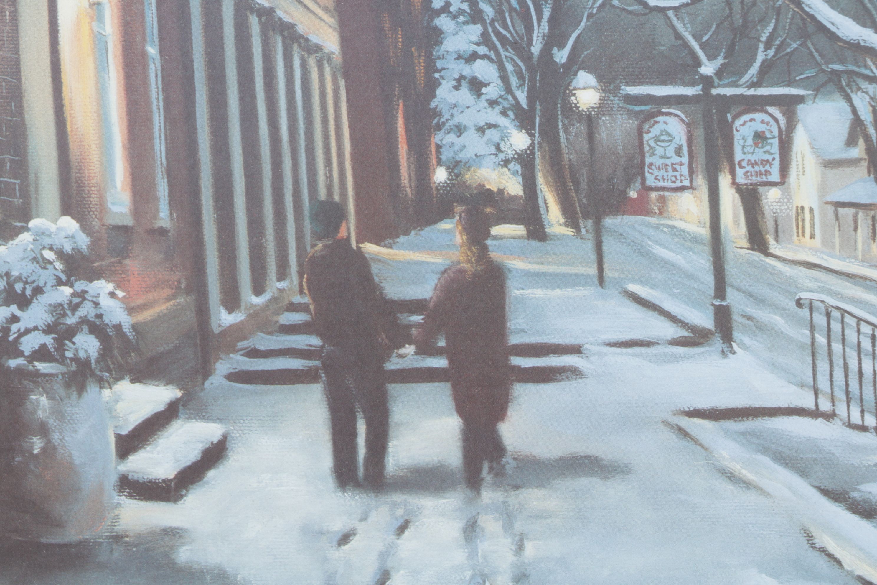 K. W. Thomas Offset Lithograph Scene of Winter Stroll in Roscoe Village, OH