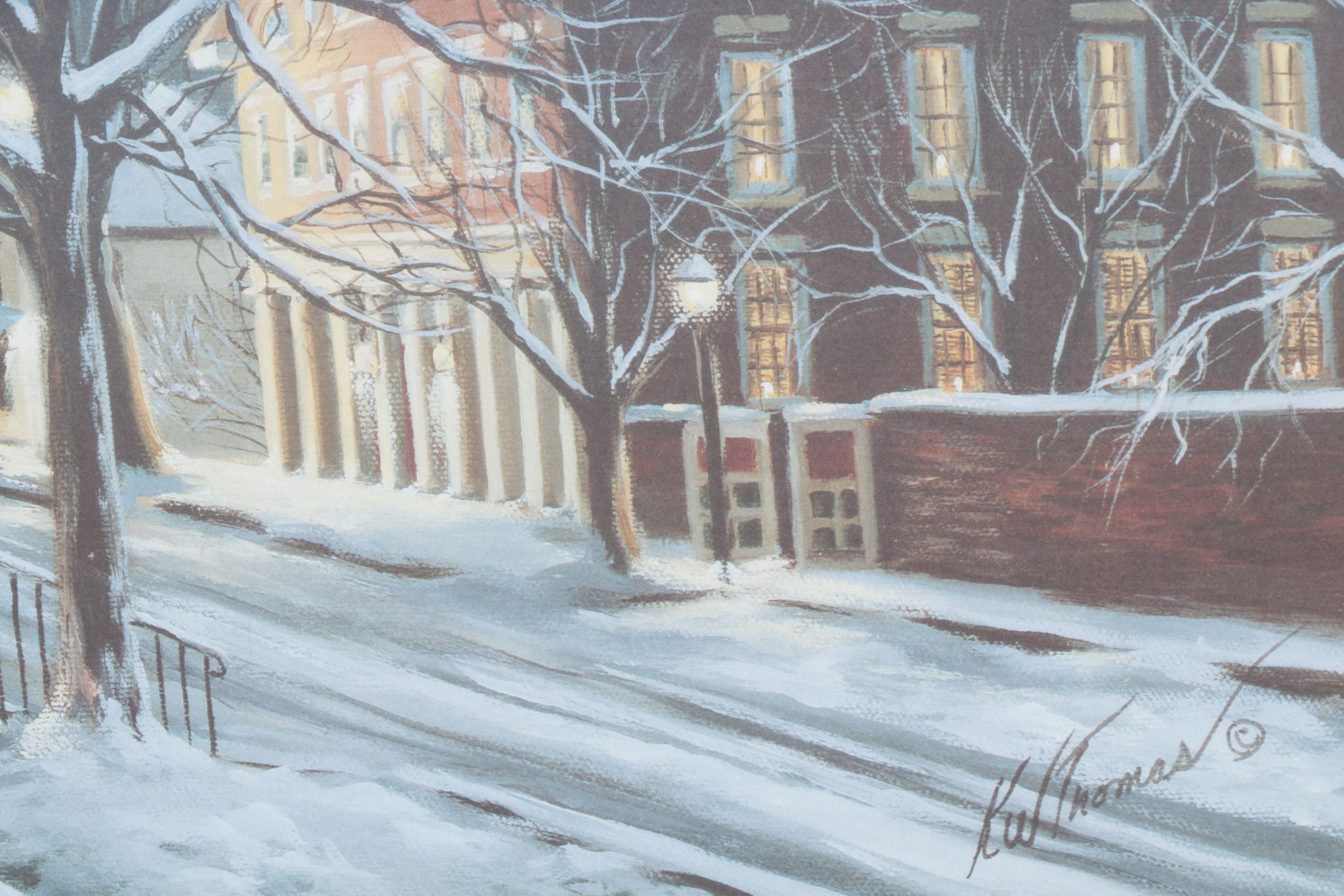 K. W. Thomas Offset Lithograph Scene of Winter Stroll in Roscoe Village, OH