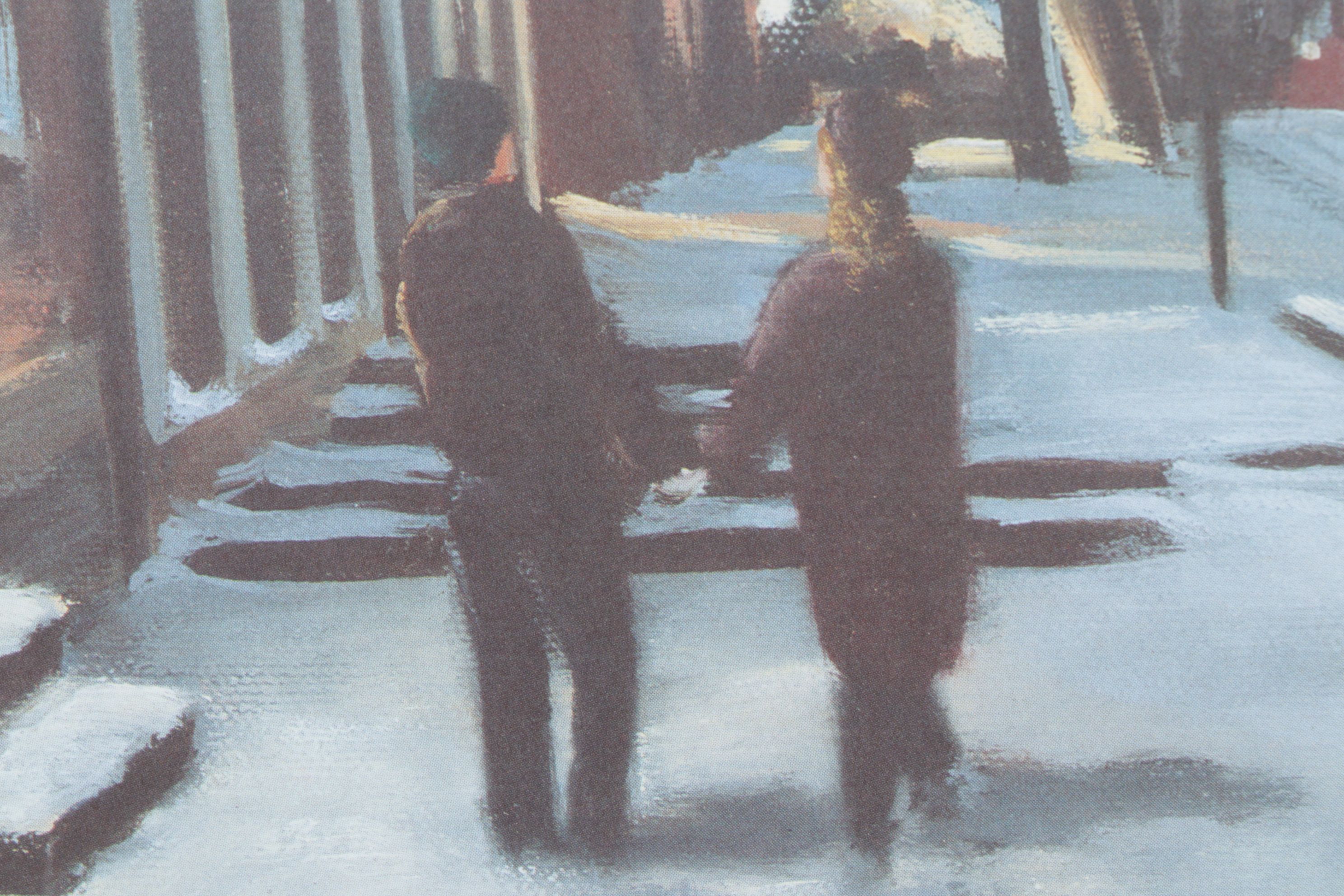 K. W. Thomas Offset Lithograph Scene of Winter Stroll in Roscoe Village, OH