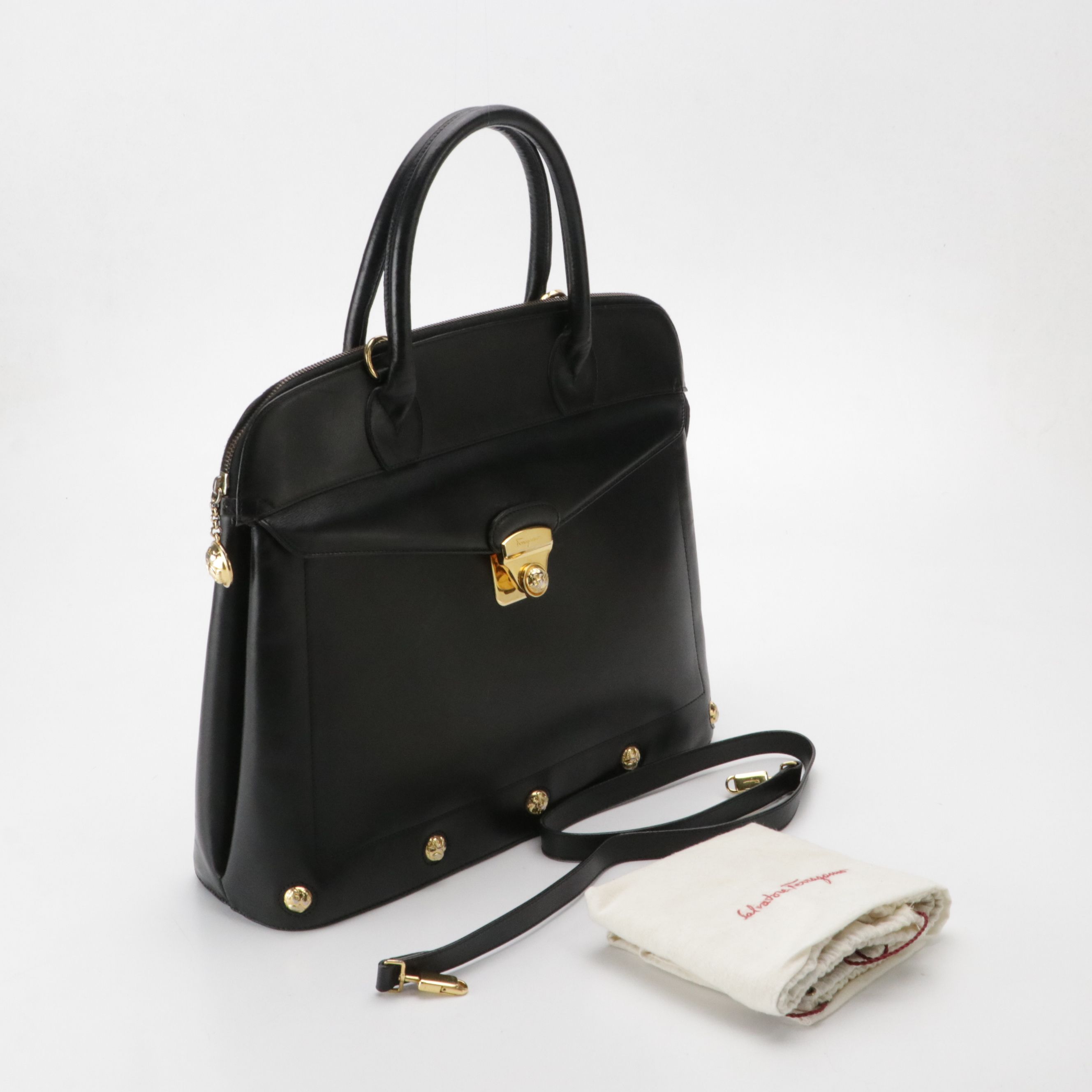 Salvatore Ferragamo Large Two-Way Satchel in Black Leather with Shoe Studs