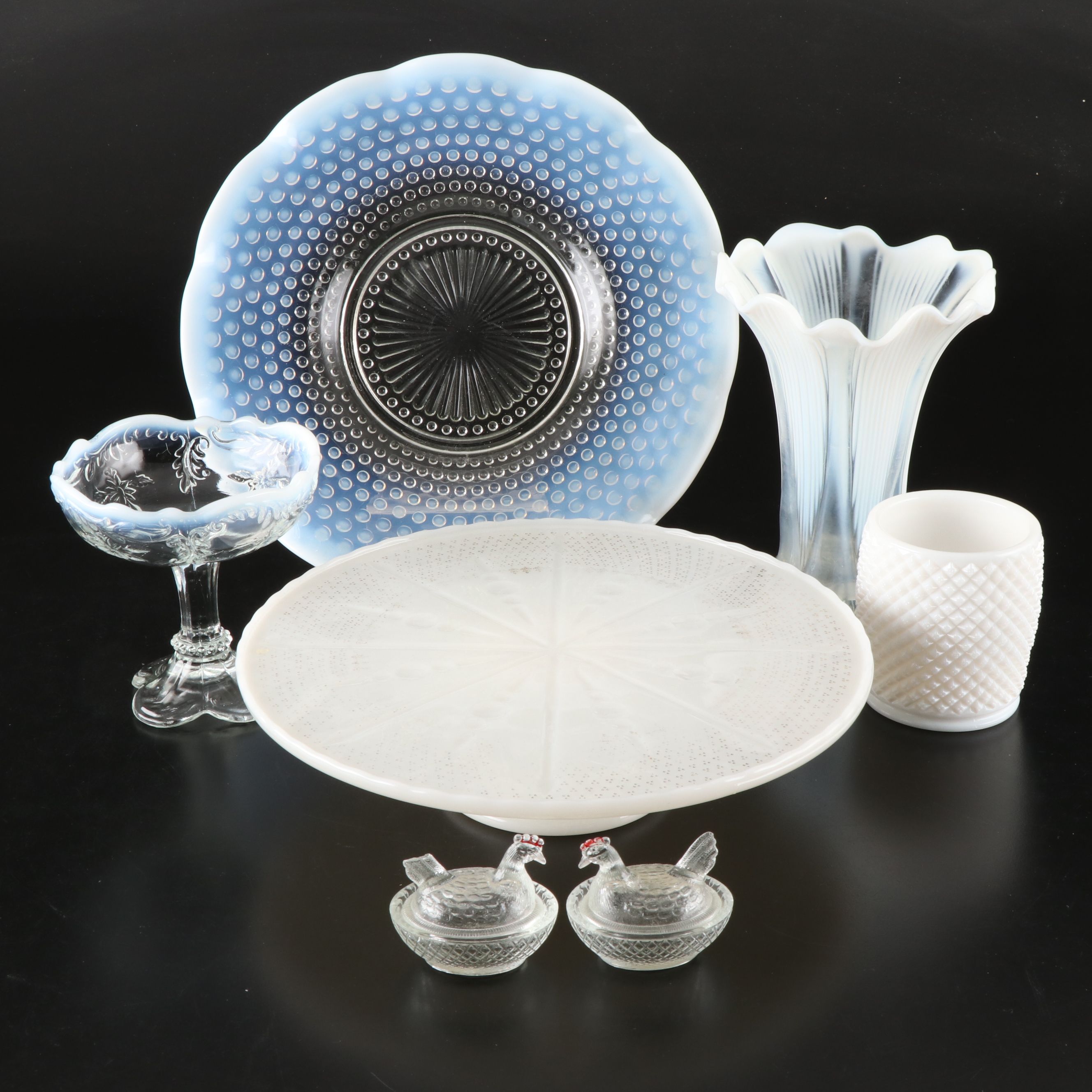 Opalescent and Milk Glass Plate, Vases, Jelly Compote and More