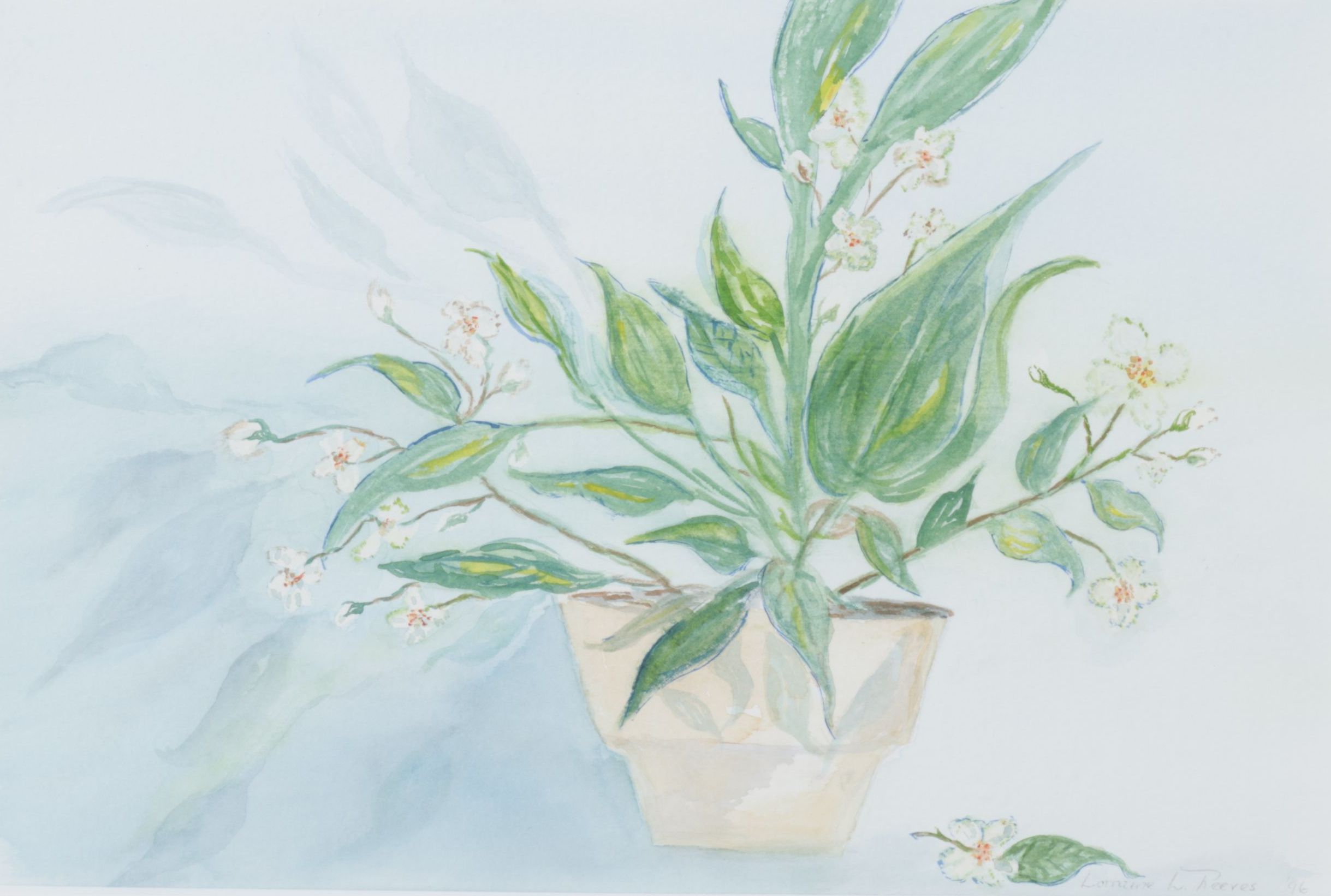 Lorraine L. Reeves Floral Watercolor Still Life Painting of Potted Plant, 1996
