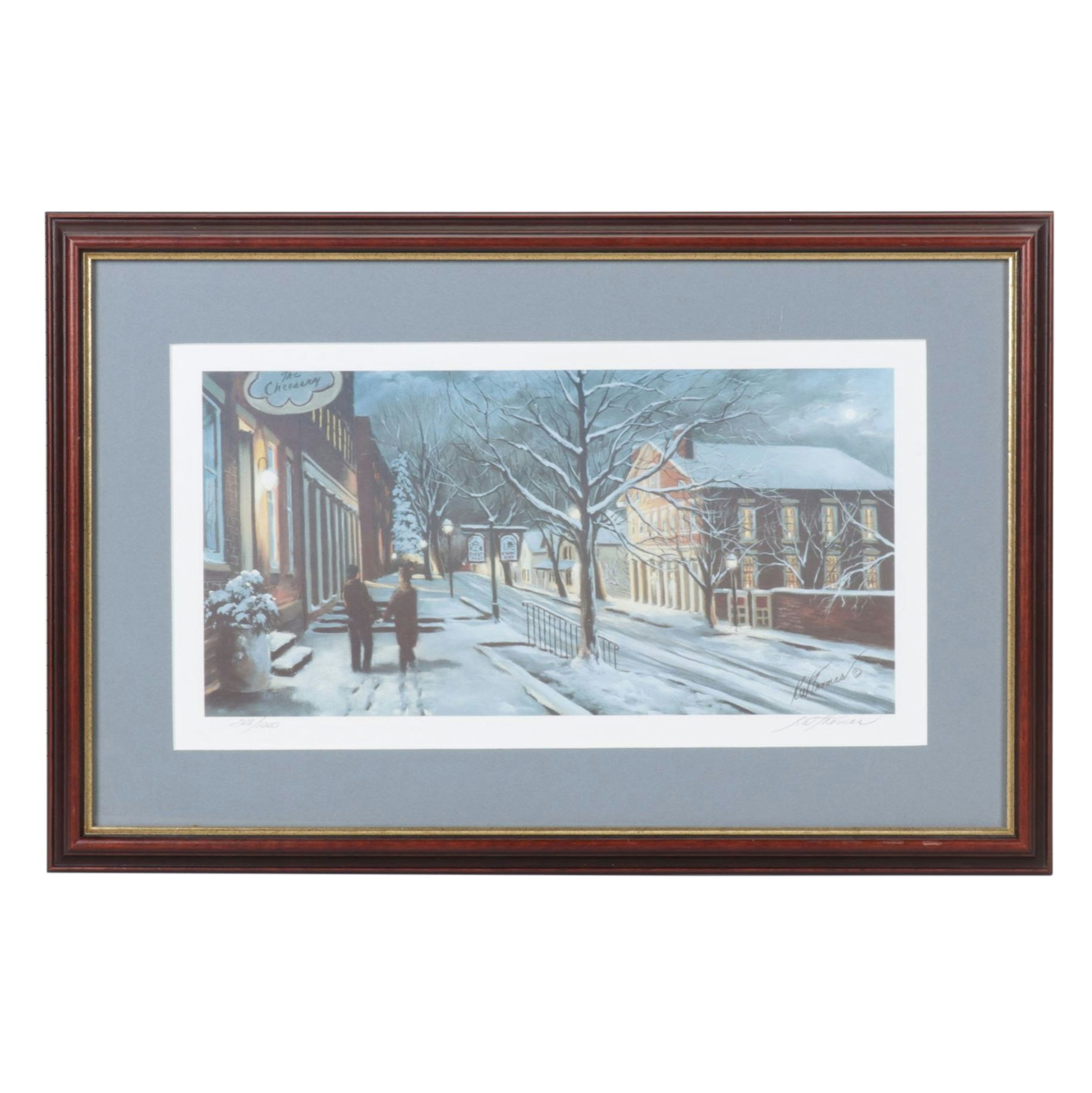 K. W. Thomas Offset Lithograph Scene of Winter Stroll in Roscoe Village, OH