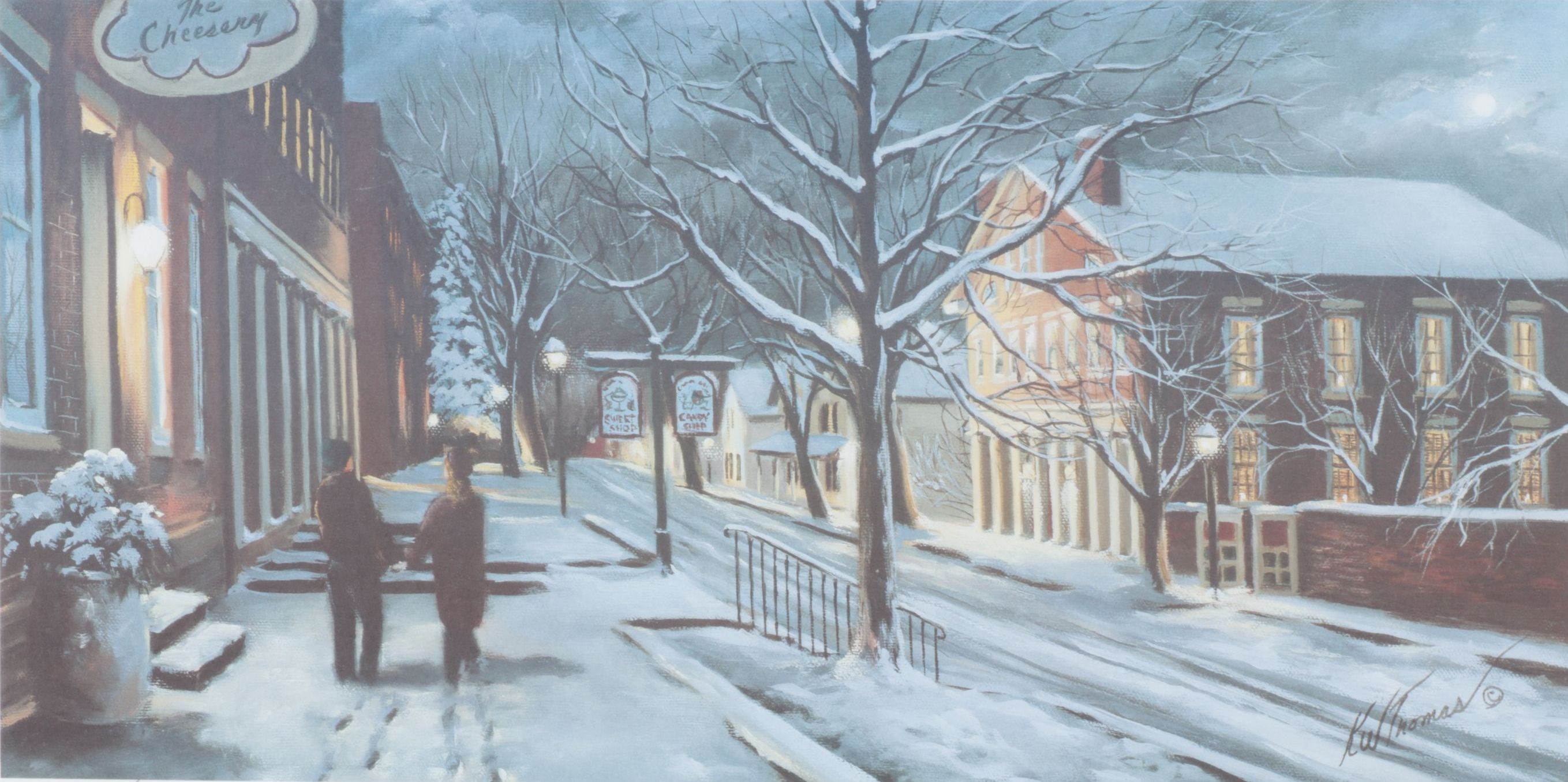 K. W. Thomas Offset Lithograph Scene of Winter Stroll in Roscoe Village, OH