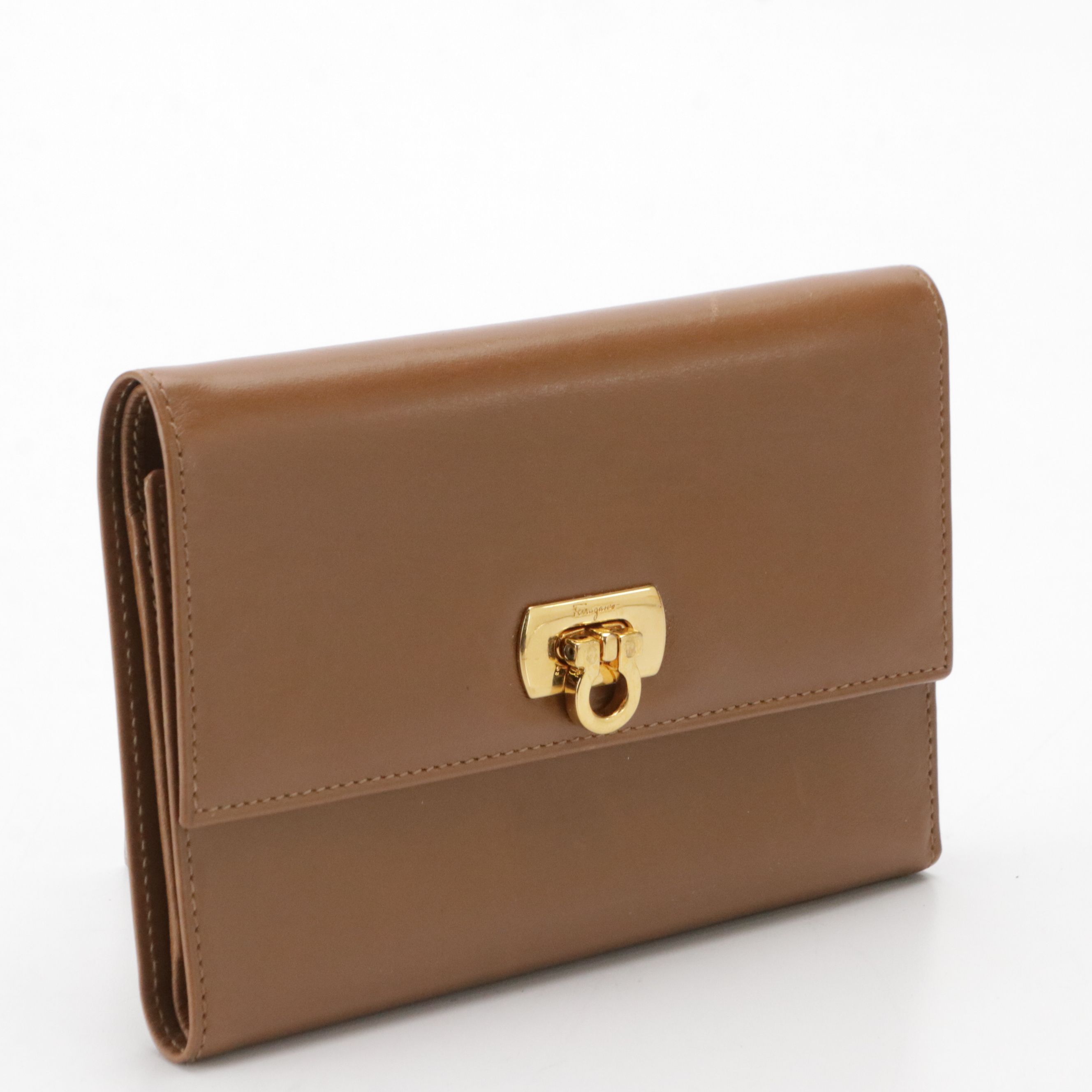 Salvatore Ferragmao Gancini Closure Trifold Wallet in Brown Leather