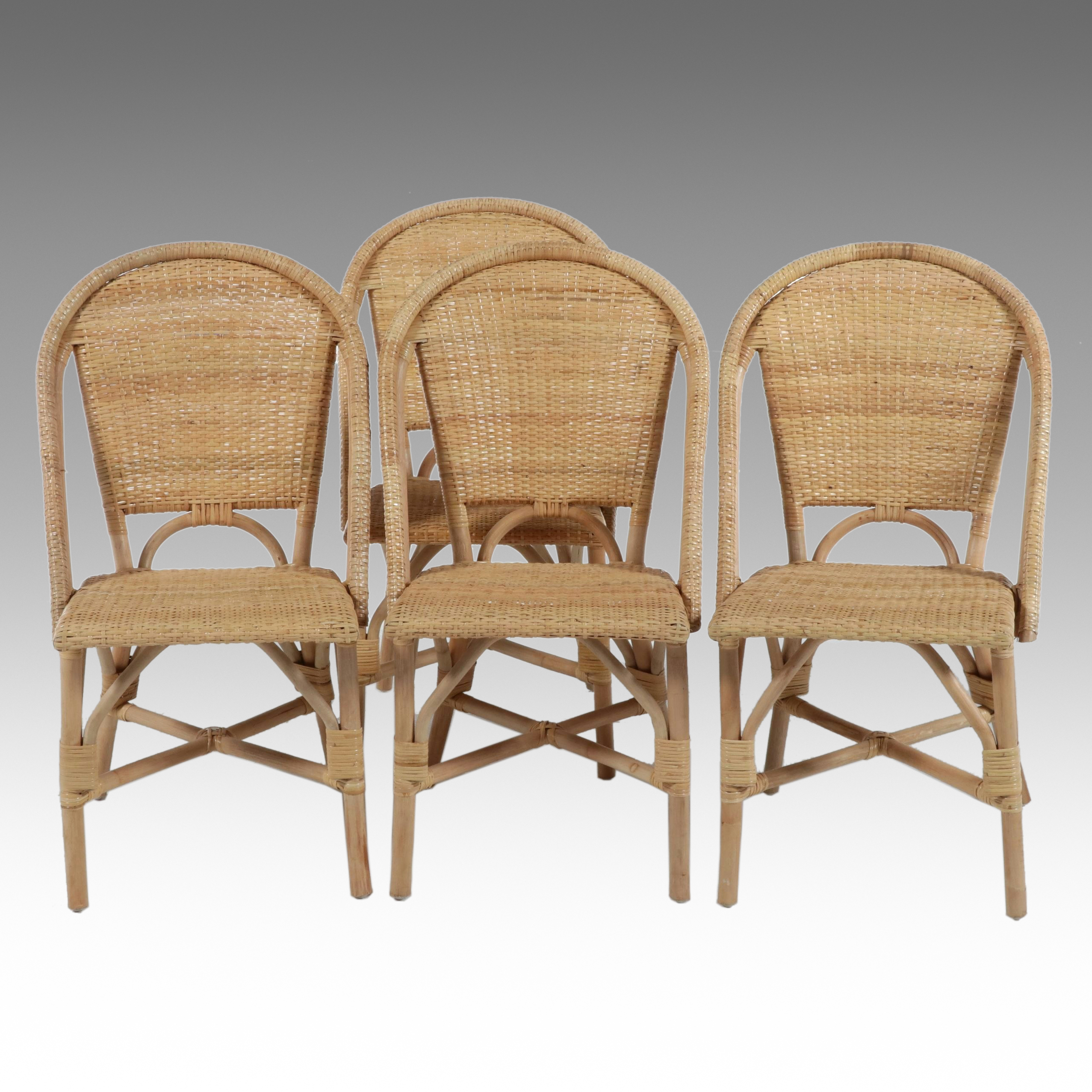 Set of Four French Bistro Style Rattan and Wicker Dining Chairs, 21st Century