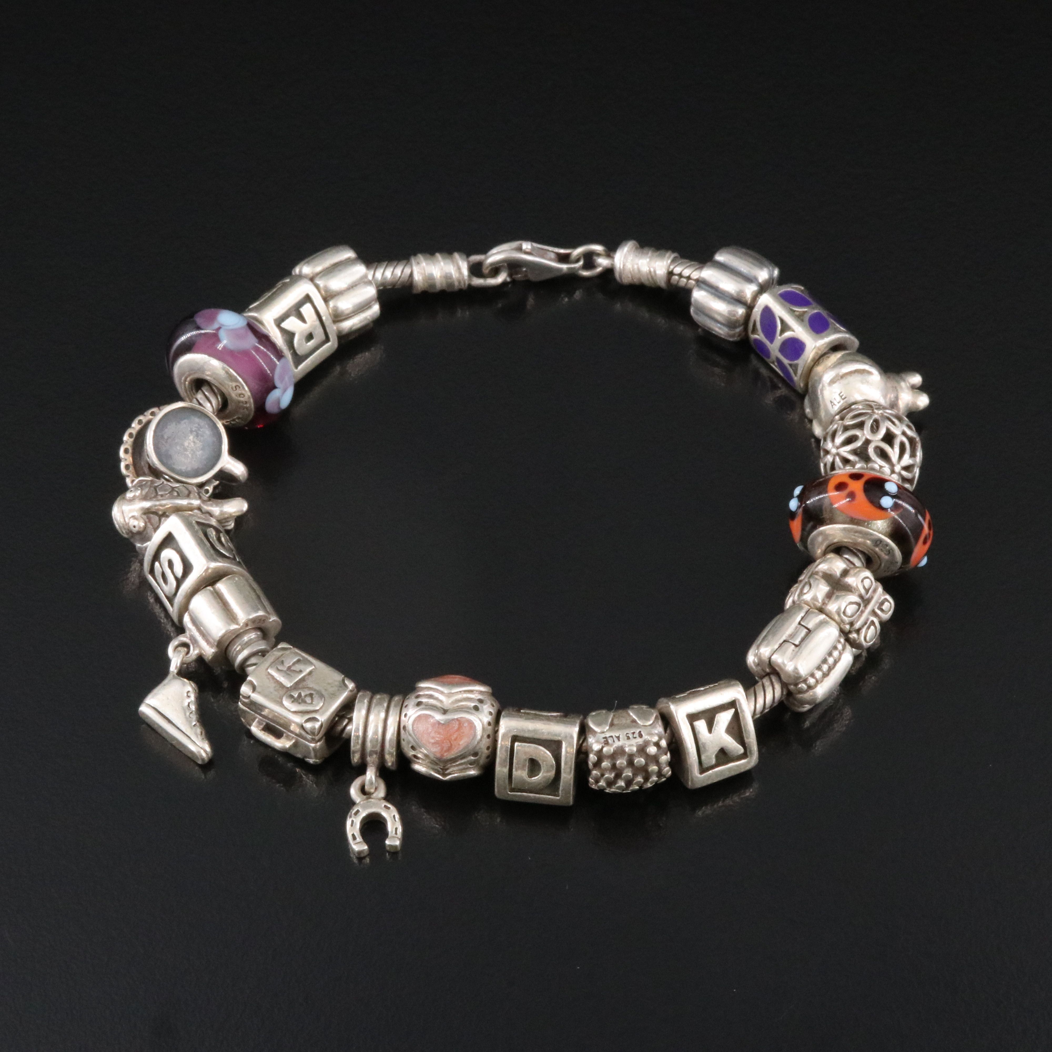 Pandora Sterling Bracelet with Beads Including Enamel and Glass