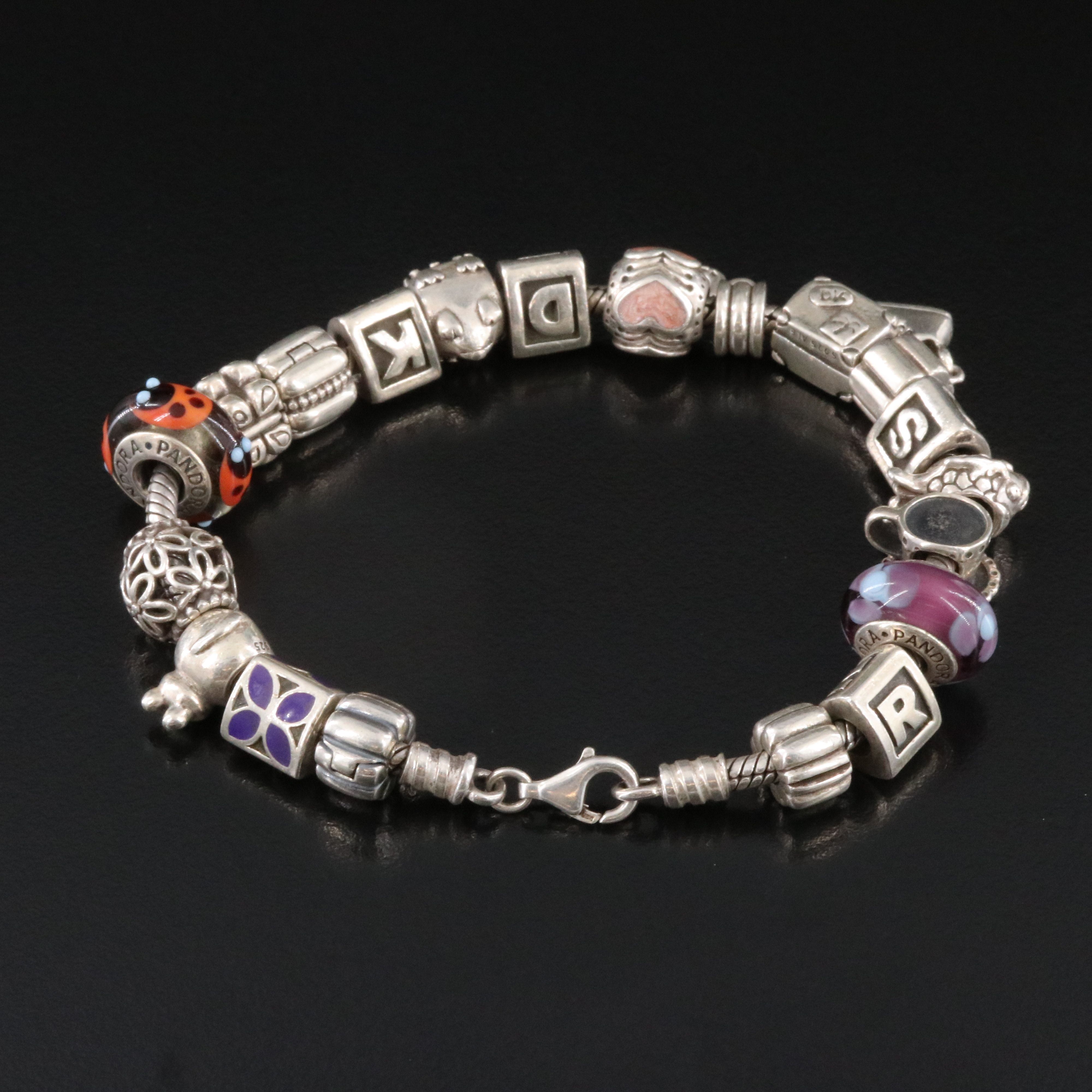 Pandora Sterling Bracelet with Beads Including Enamel and Glass