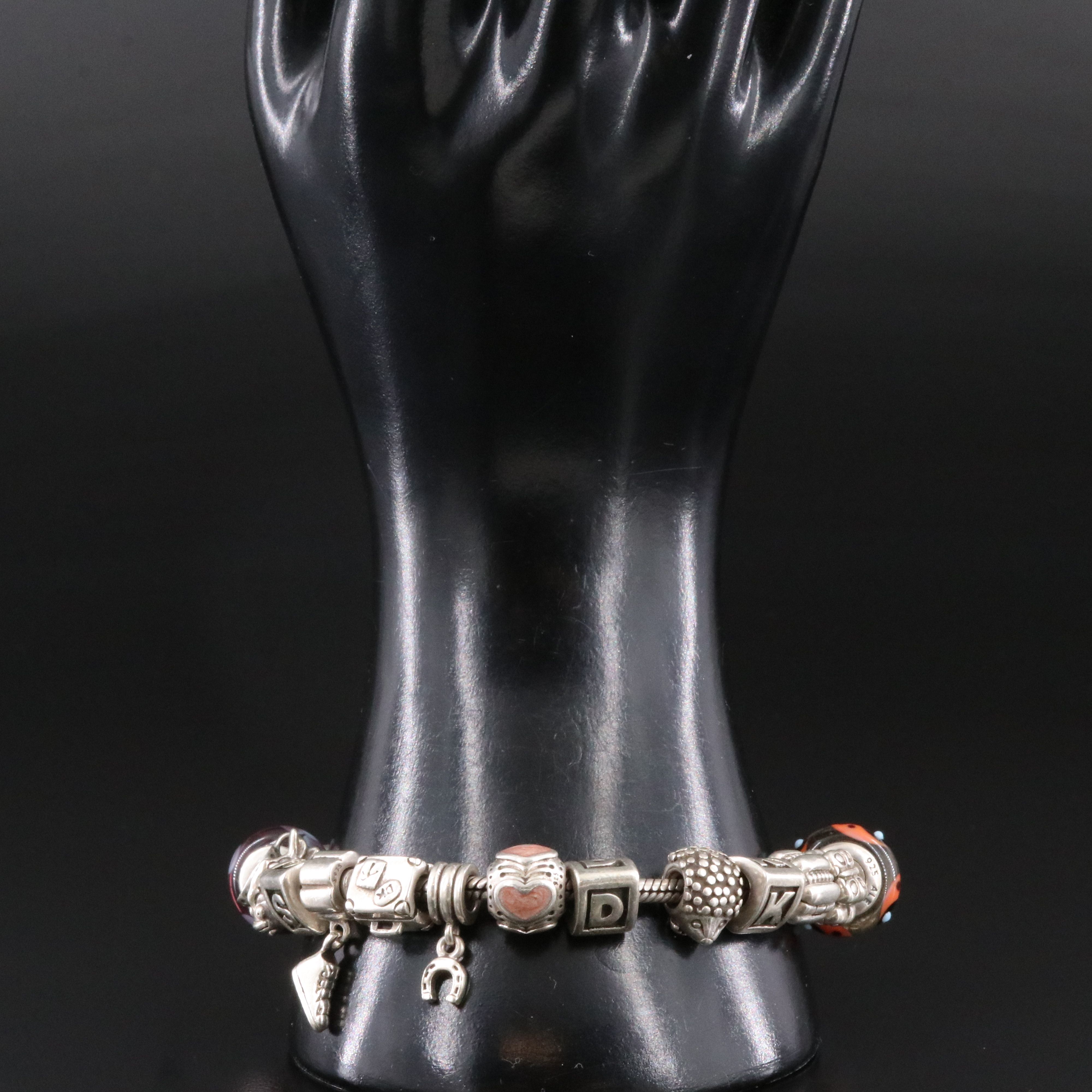 Pandora Sterling Bracelet with Beads Including Enamel and Glass