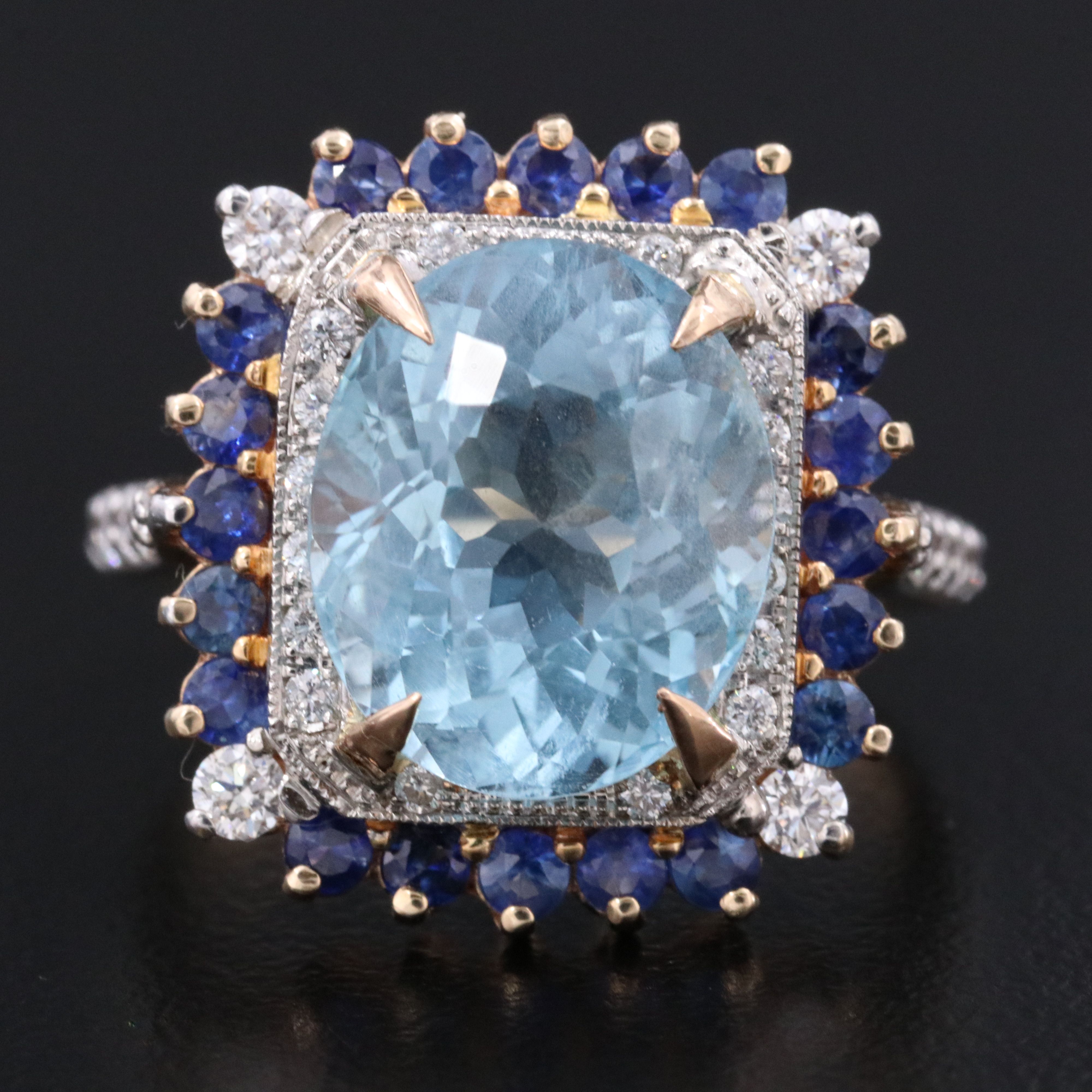14K 5.84 CT Aquamarine and Sapphire Ring with Online IGI Report