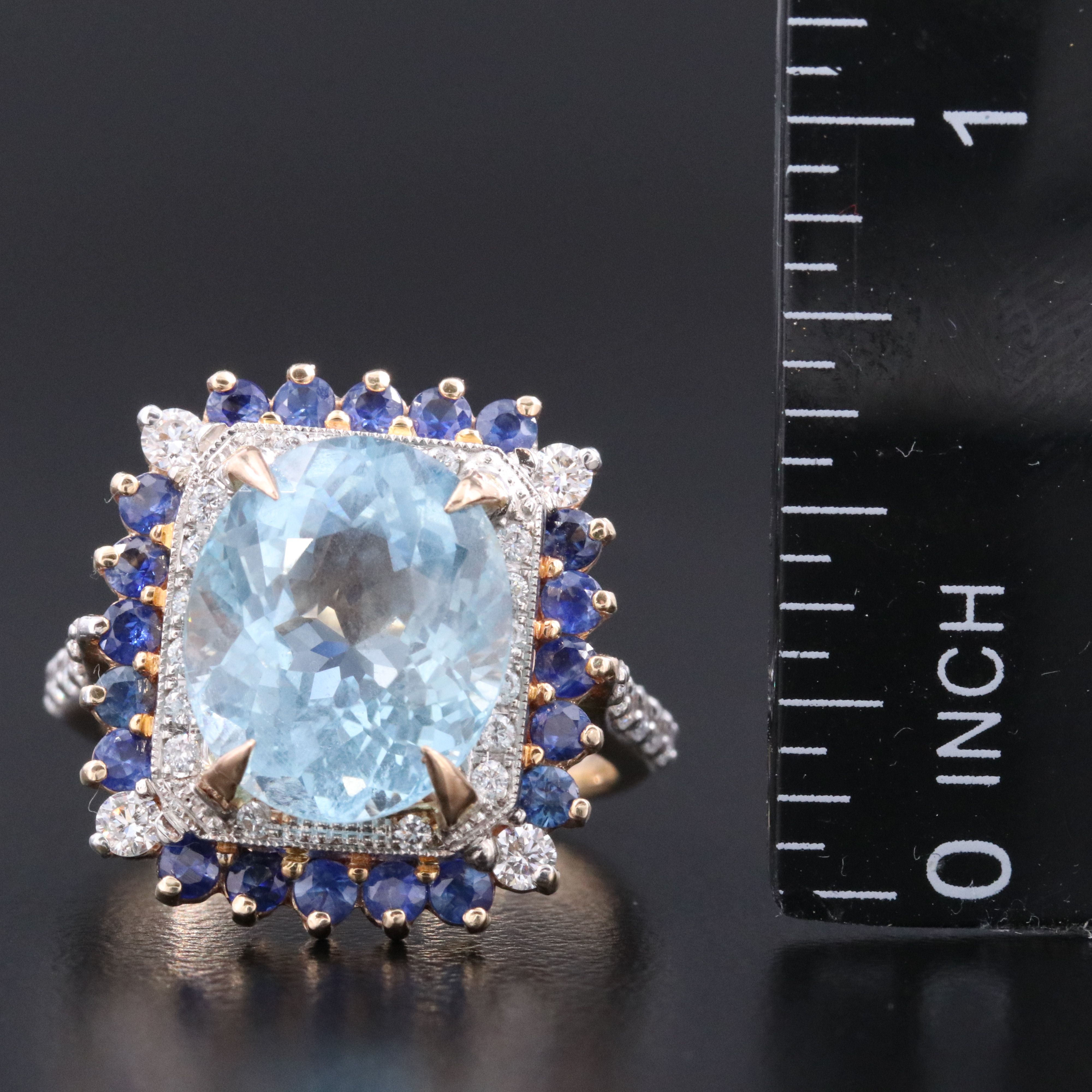 14K 5.84 CT Aquamarine and Sapphire Ring with Online IGI Report