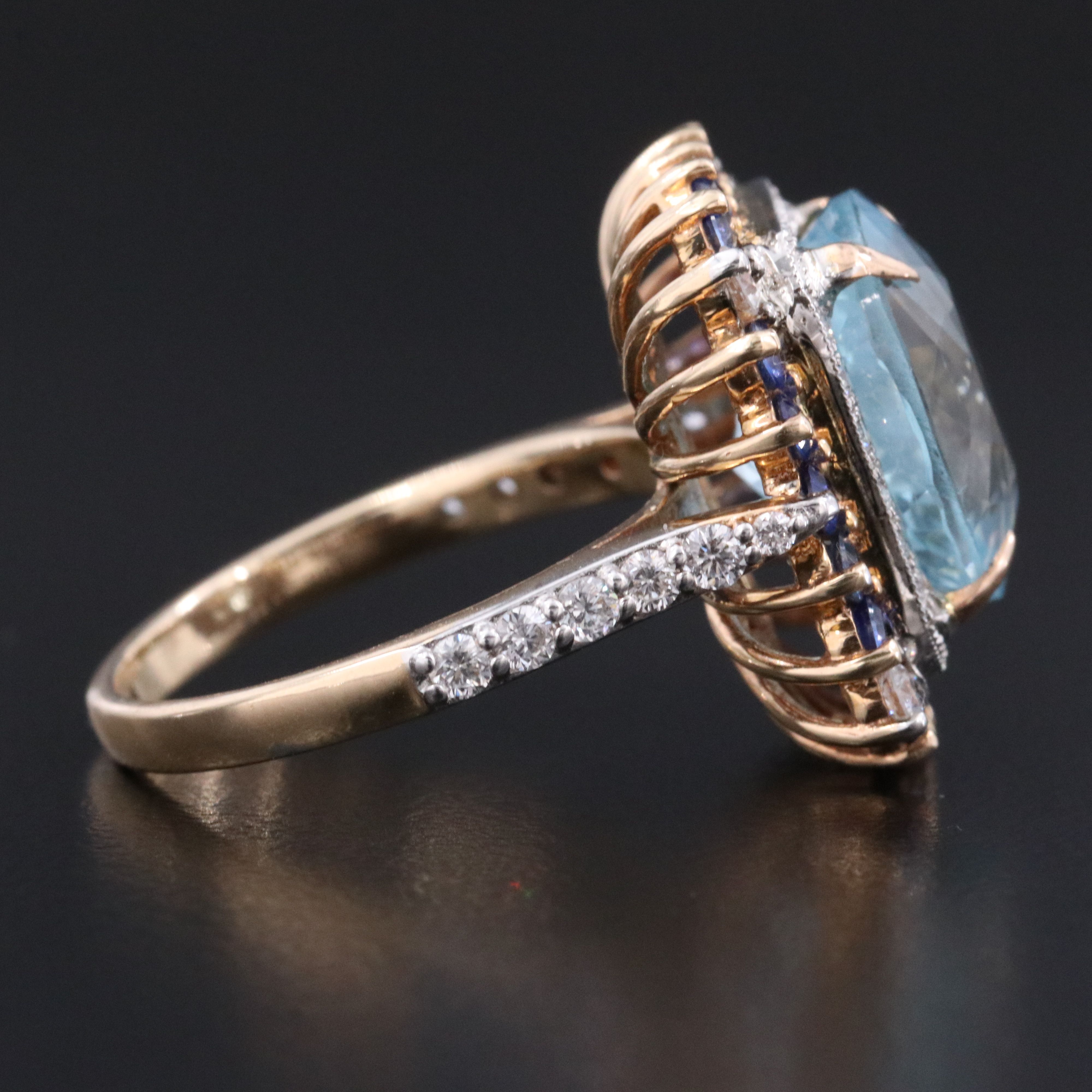 14K 5.84 CT Aquamarine and Sapphire Ring with Online IGI Report