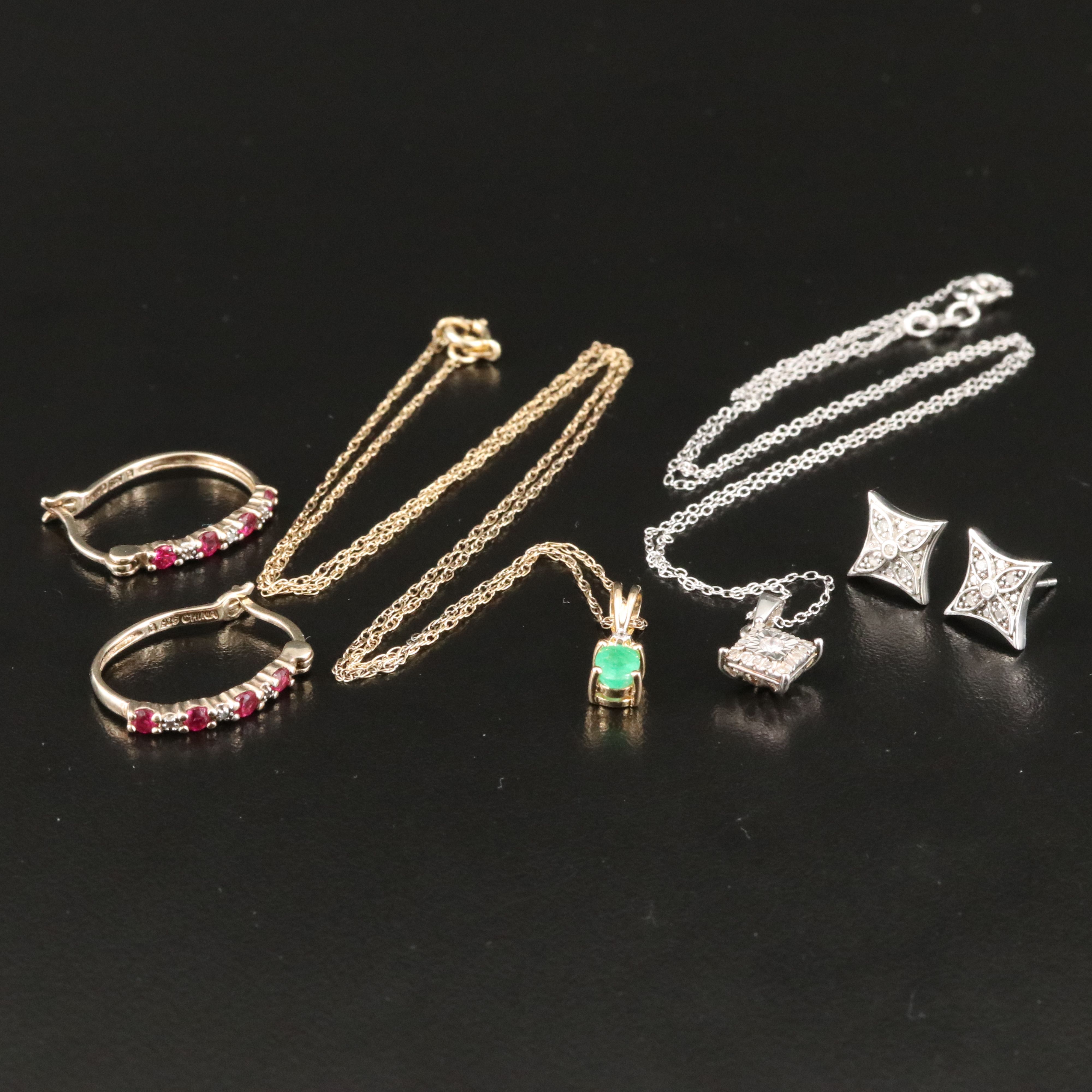 Sterling Gemstone Jewelry Collection Including Diamonds, Emerald and Ruby