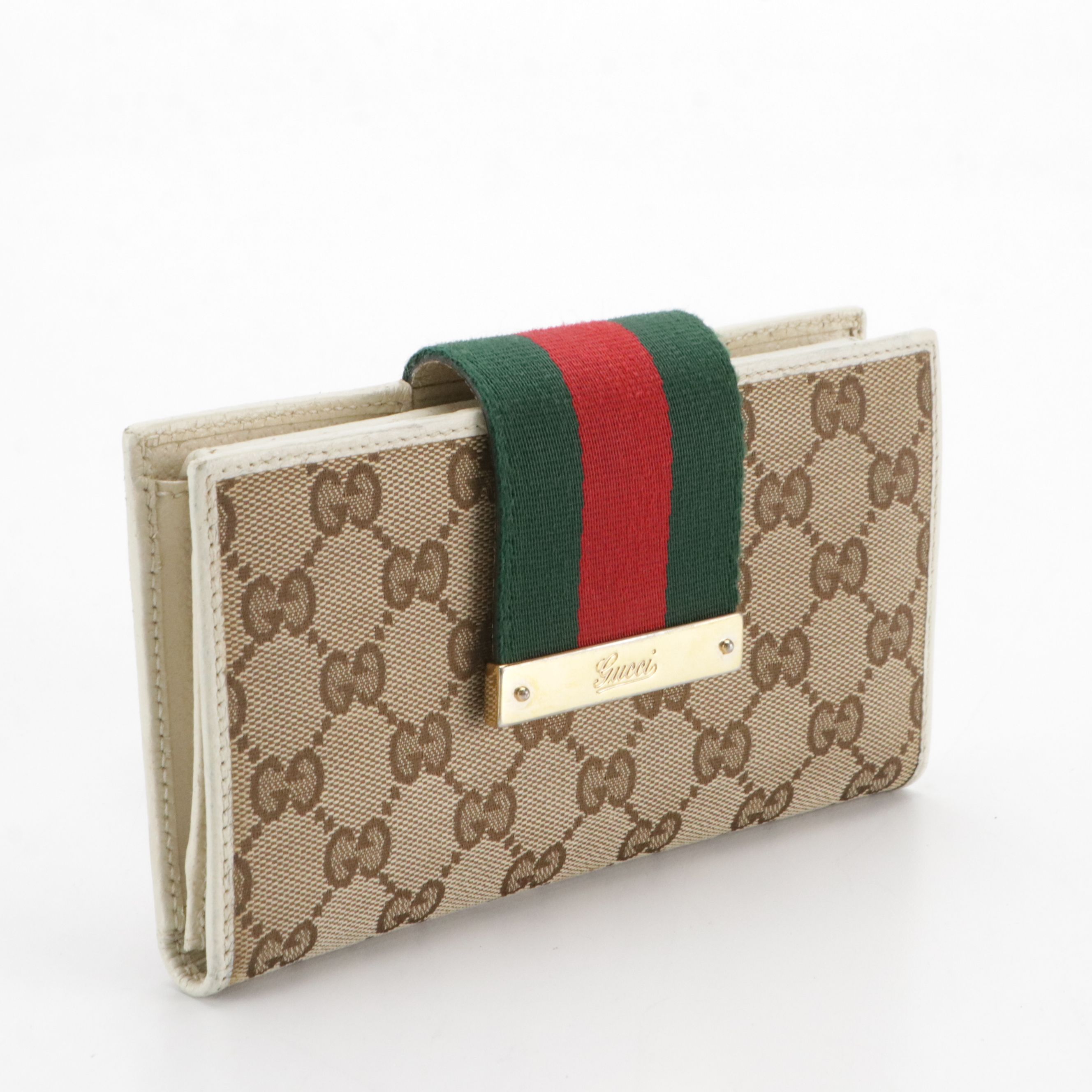 Gucci Long Bifold Wallet in Web Striped GG Canvas and White Leather