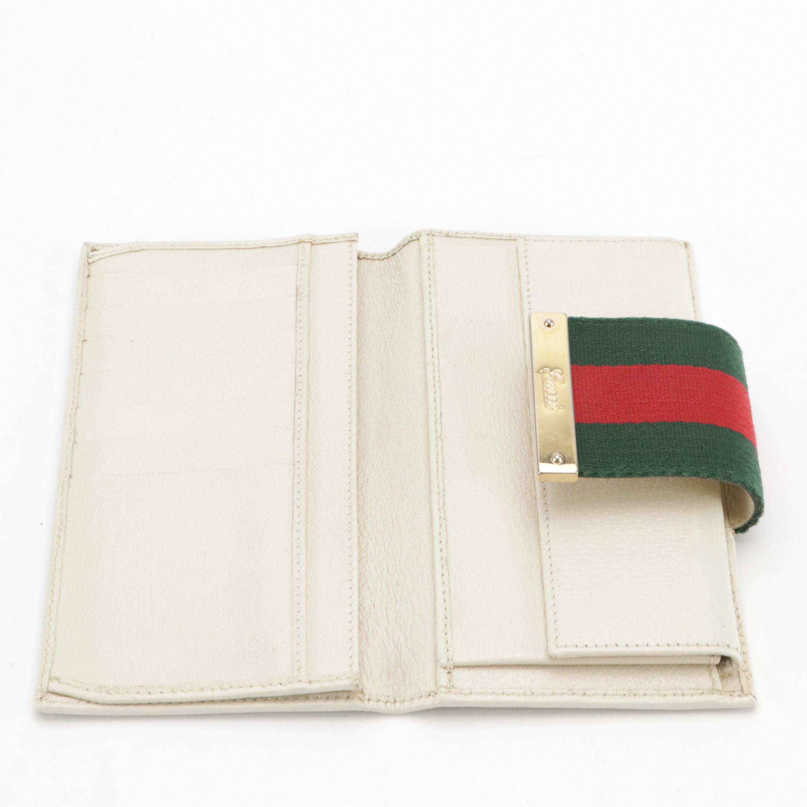 Gucci Long Bifold Wallet in Web Striped GG Canvas and White Leather