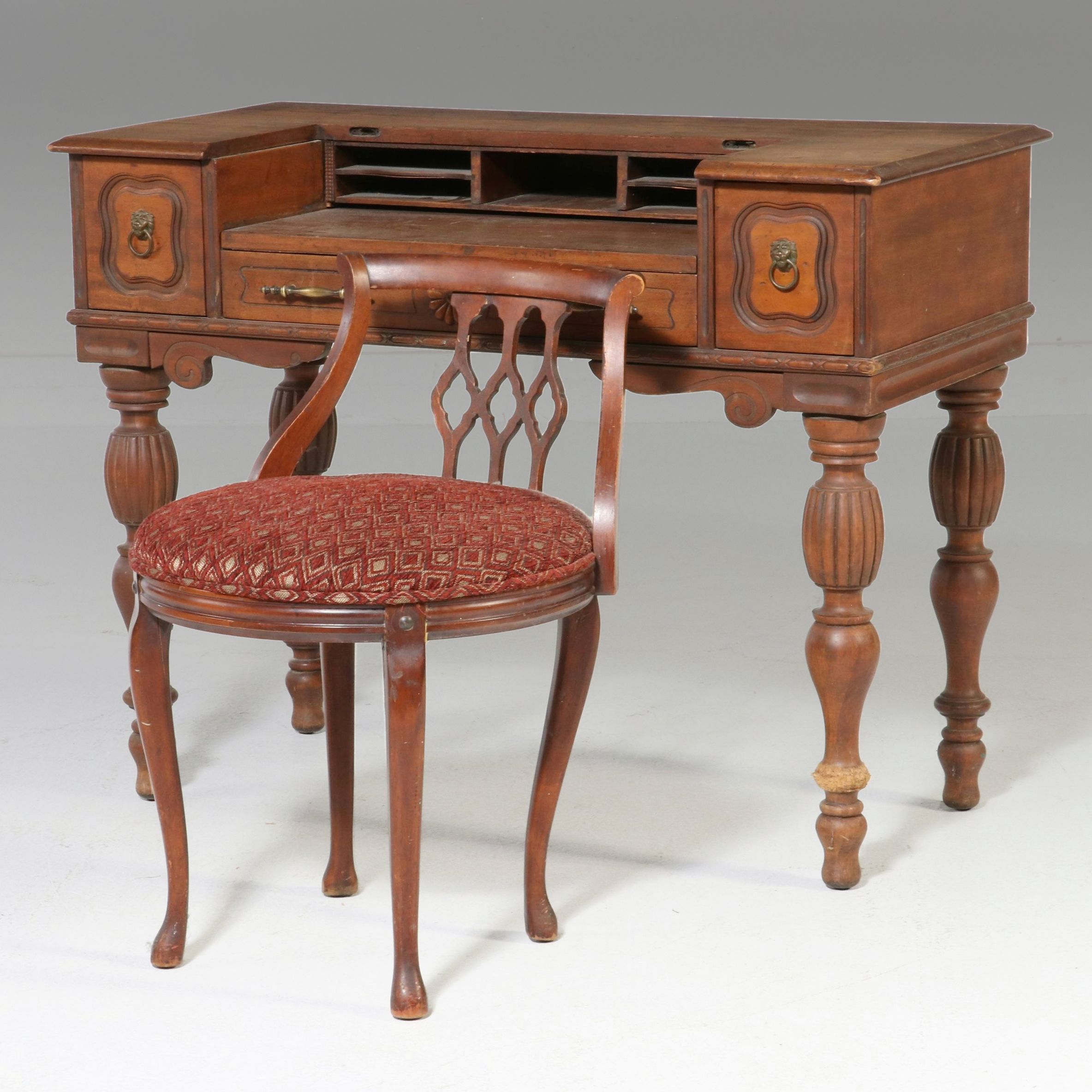 Colonial Revival Style Secretary Desk with Sheraton Style Chair, 20th Century