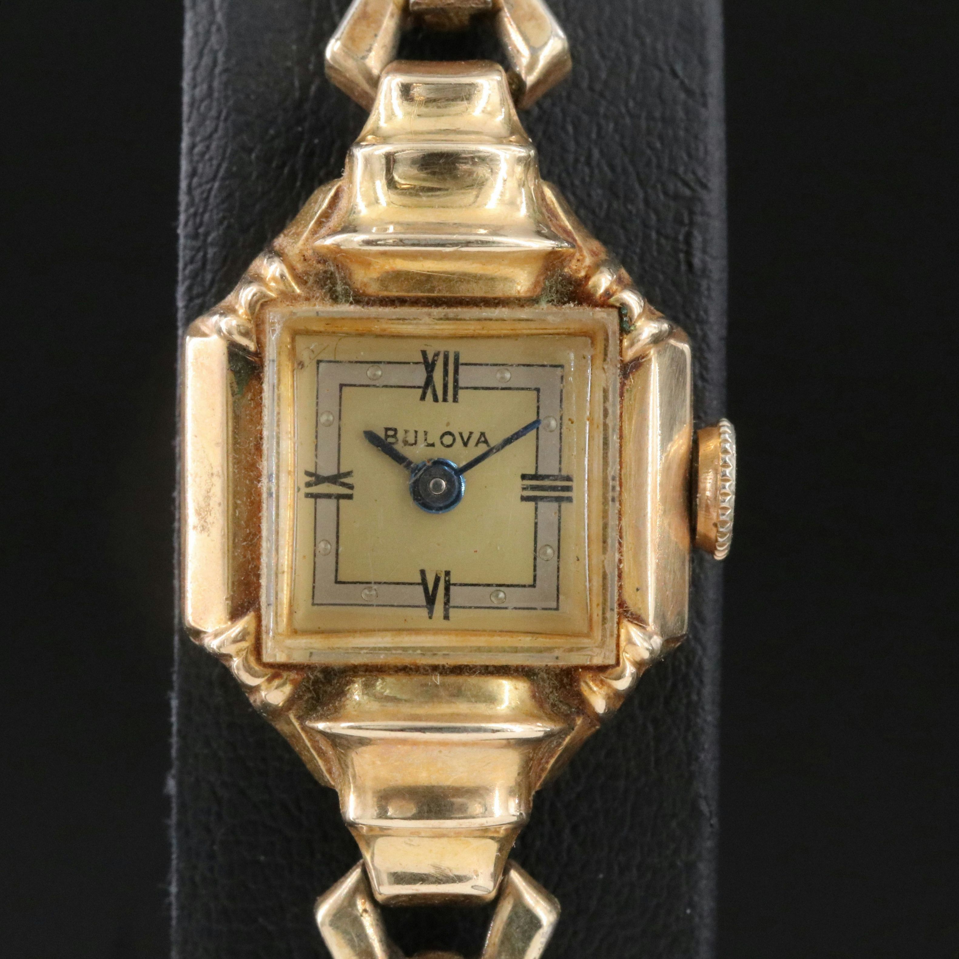 Mid Century Bulova Art Deco Diamond Accented Gold-Filled Stem Wind Watch