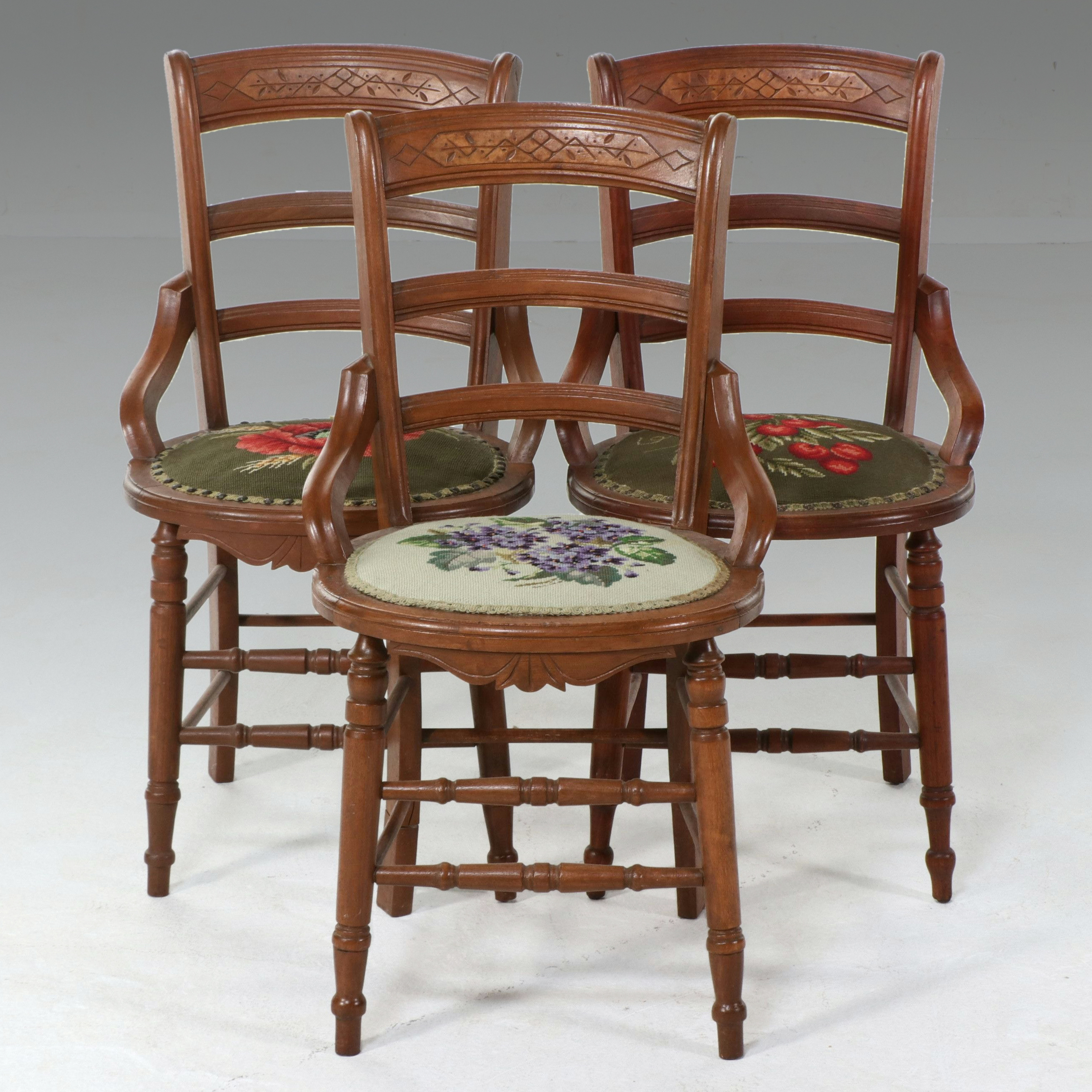 Three Continental Style Ladder-Back Armchairs with Needlepoint Seats, 20th C.