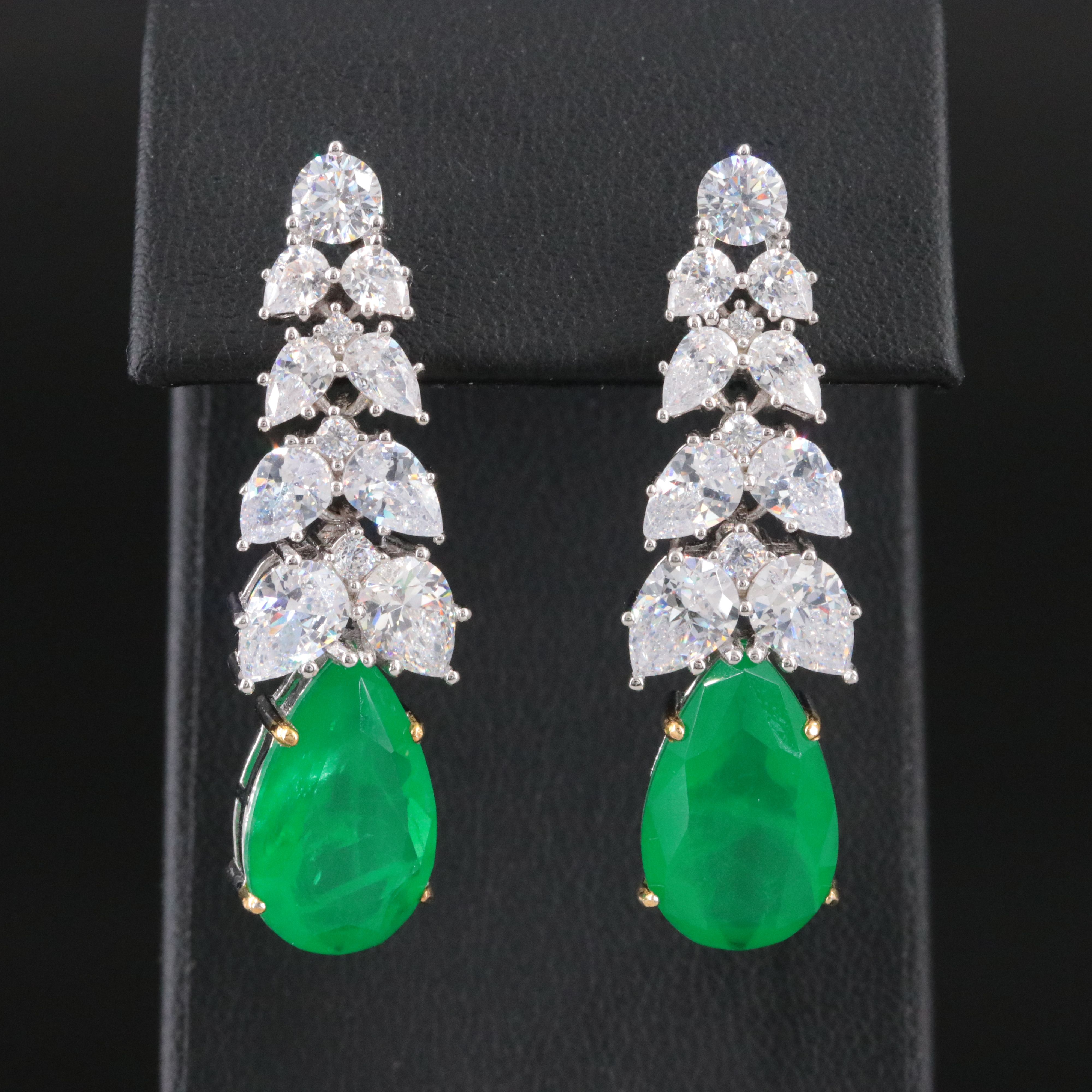 Sterling Green Glass Doublet and CZ Earrings