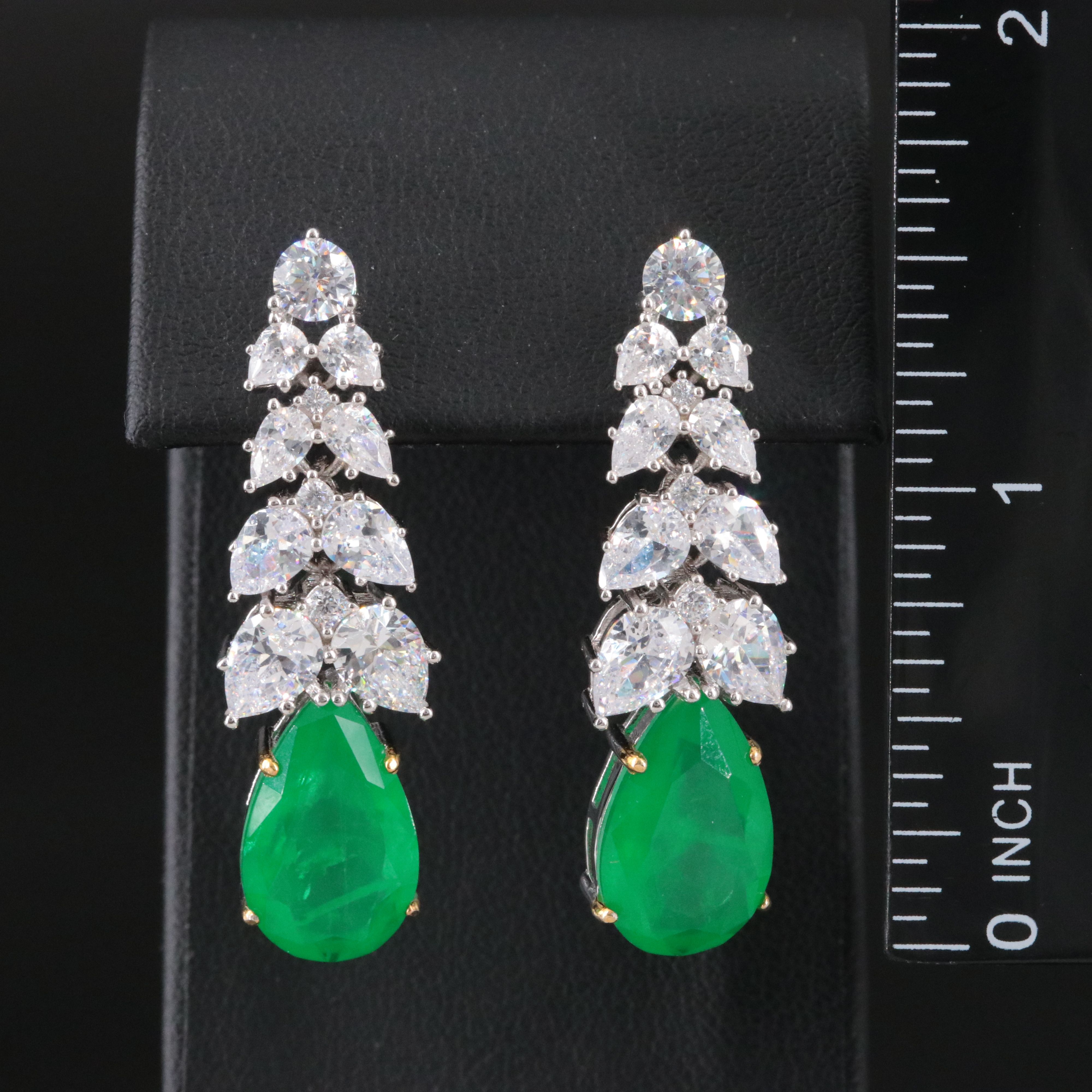 Sterling Green Glass Doublet and CZ Earrings