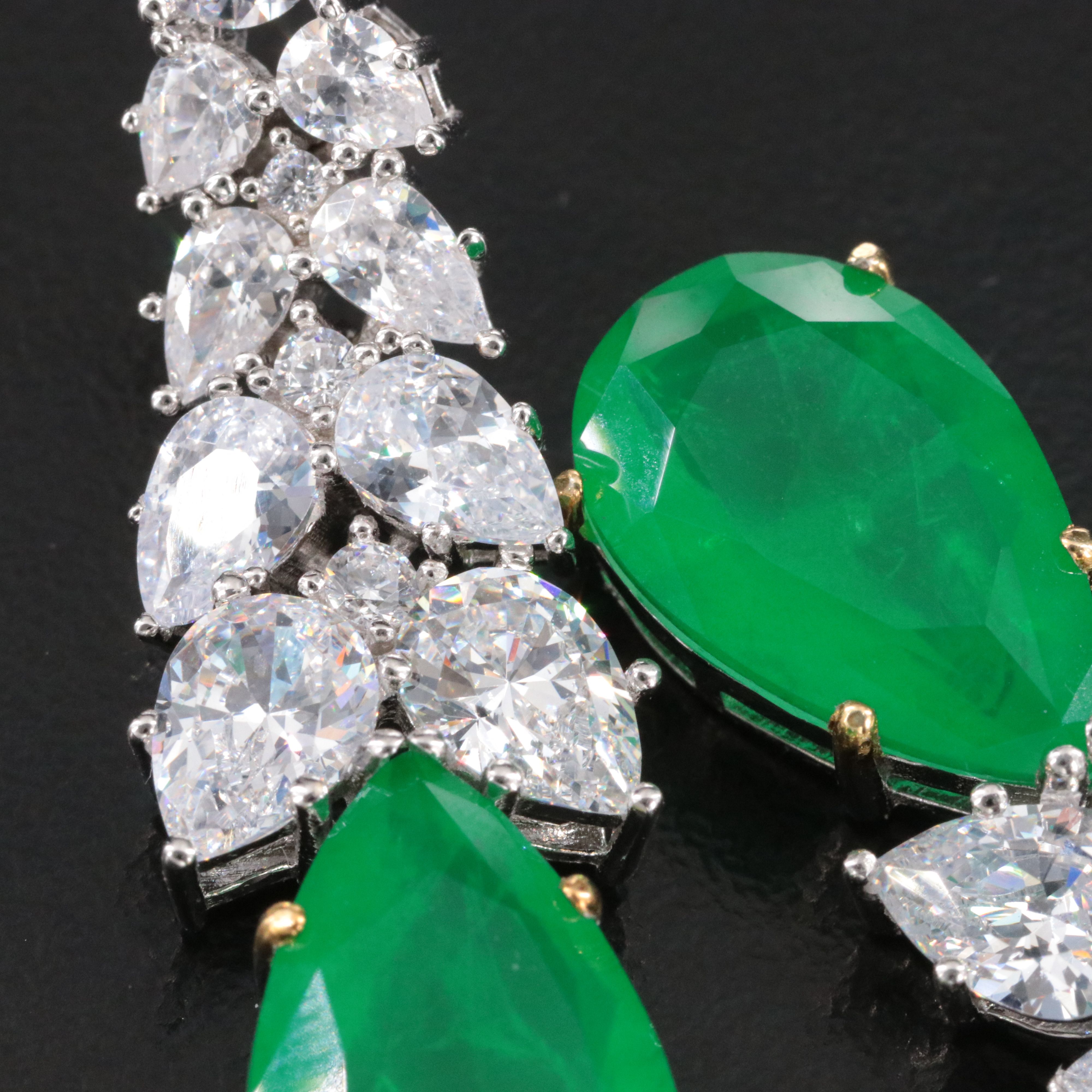 Sterling Green Glass Doublet and CZ Earrings