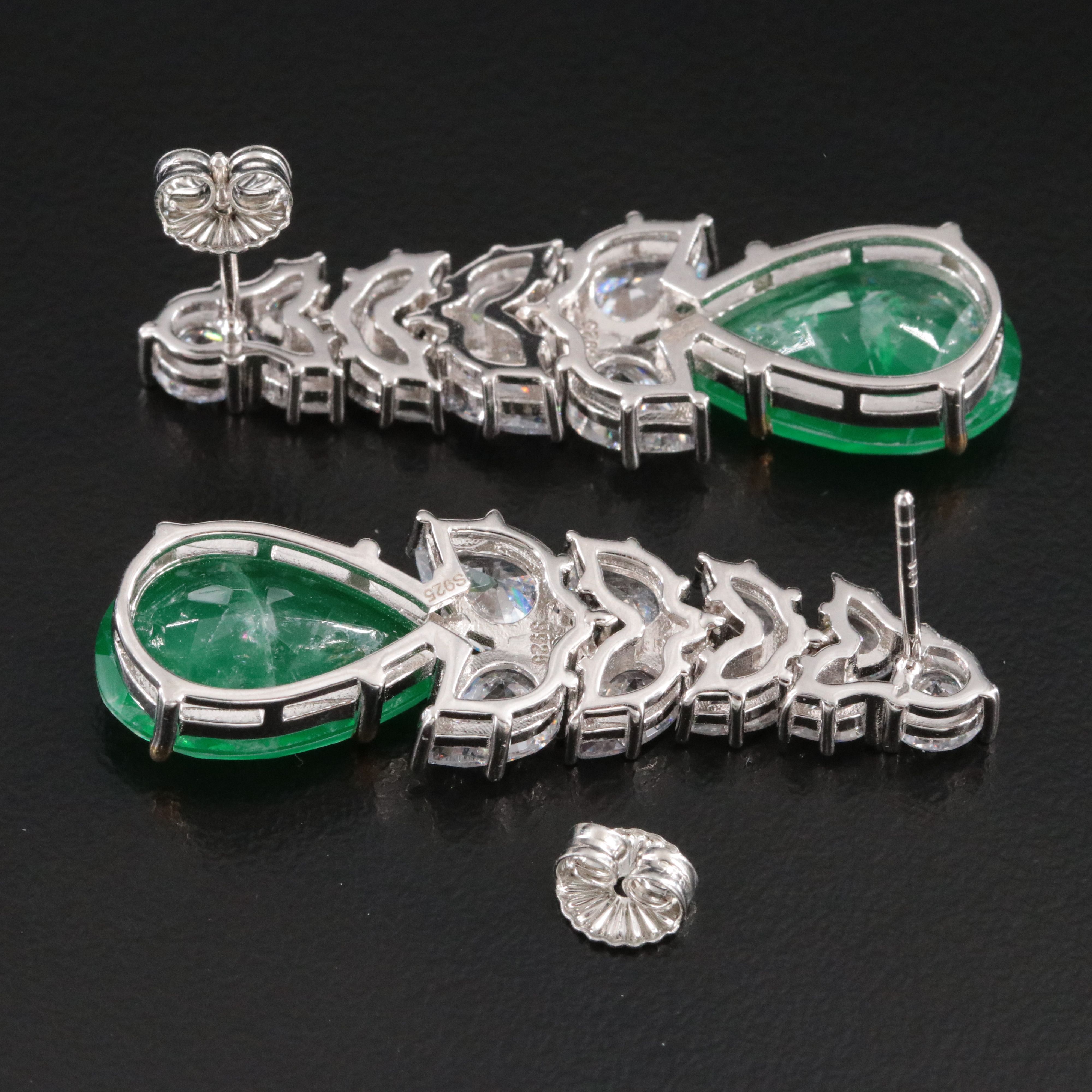 Sterling Green Glass Doublet and CZ Earrings
