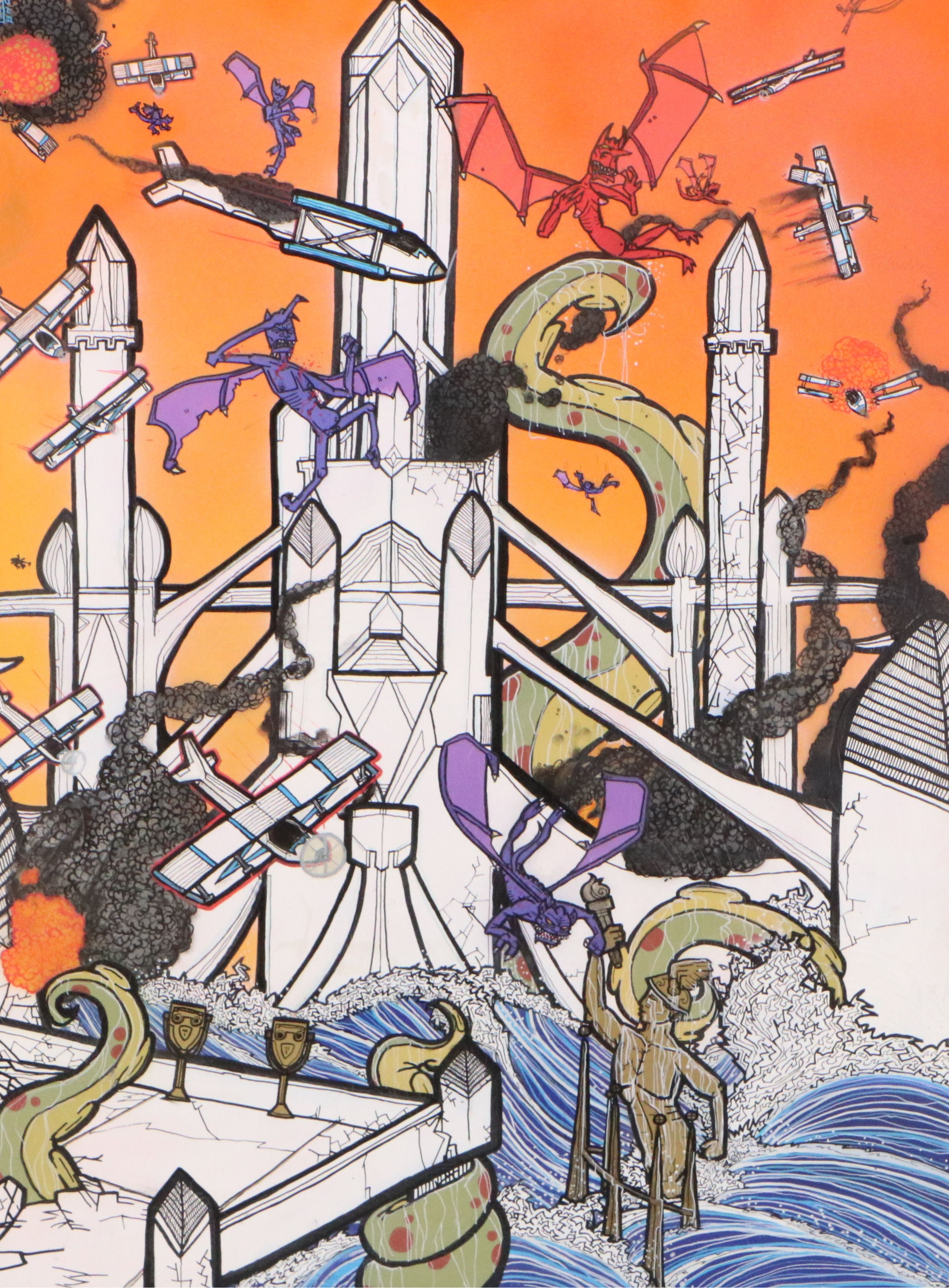 Landscape Acrylic Painting of Fantasy Scene with Dragons, 21st Century