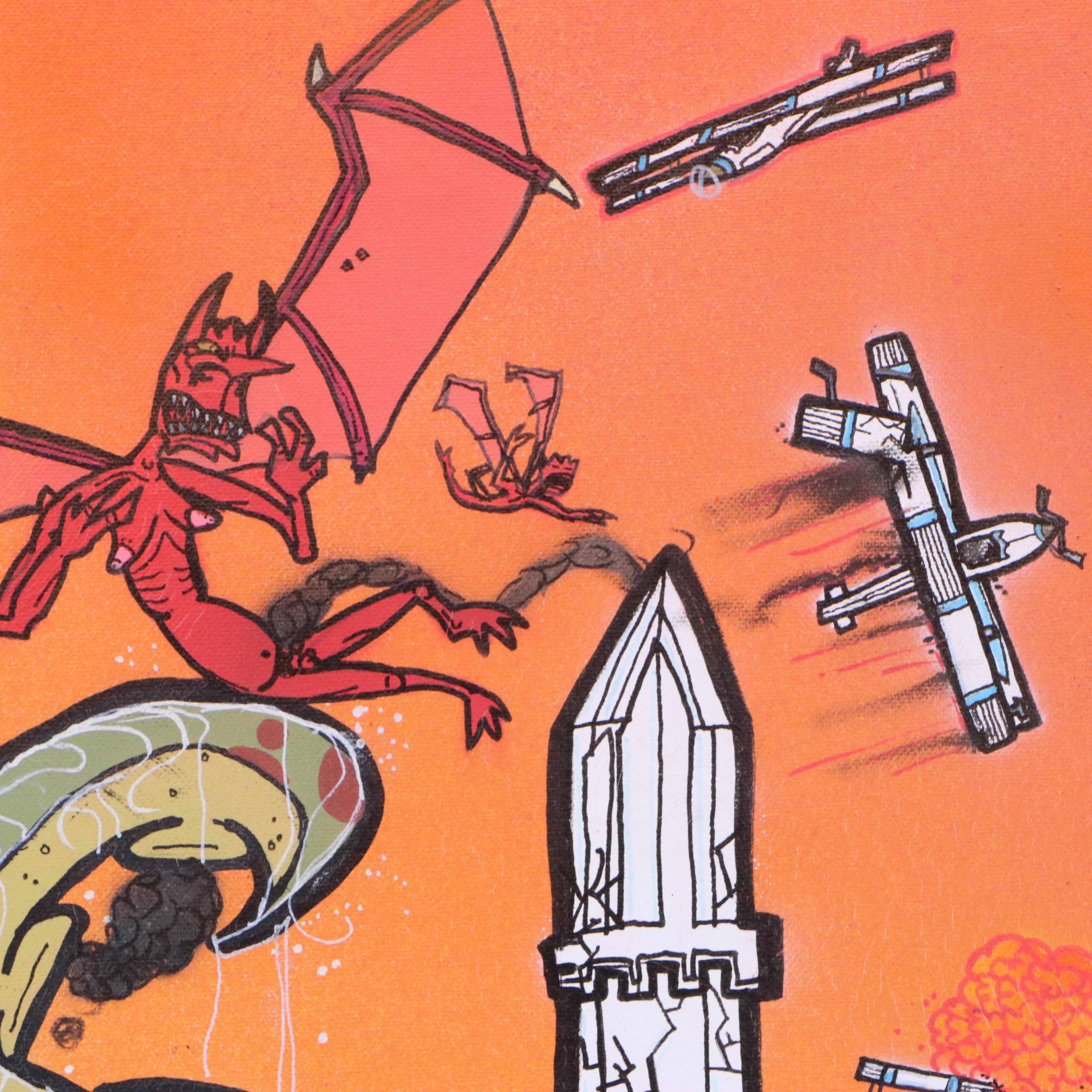 Landscape Acrylic Painting of Fantasy Scene with Dragons, 21st Century