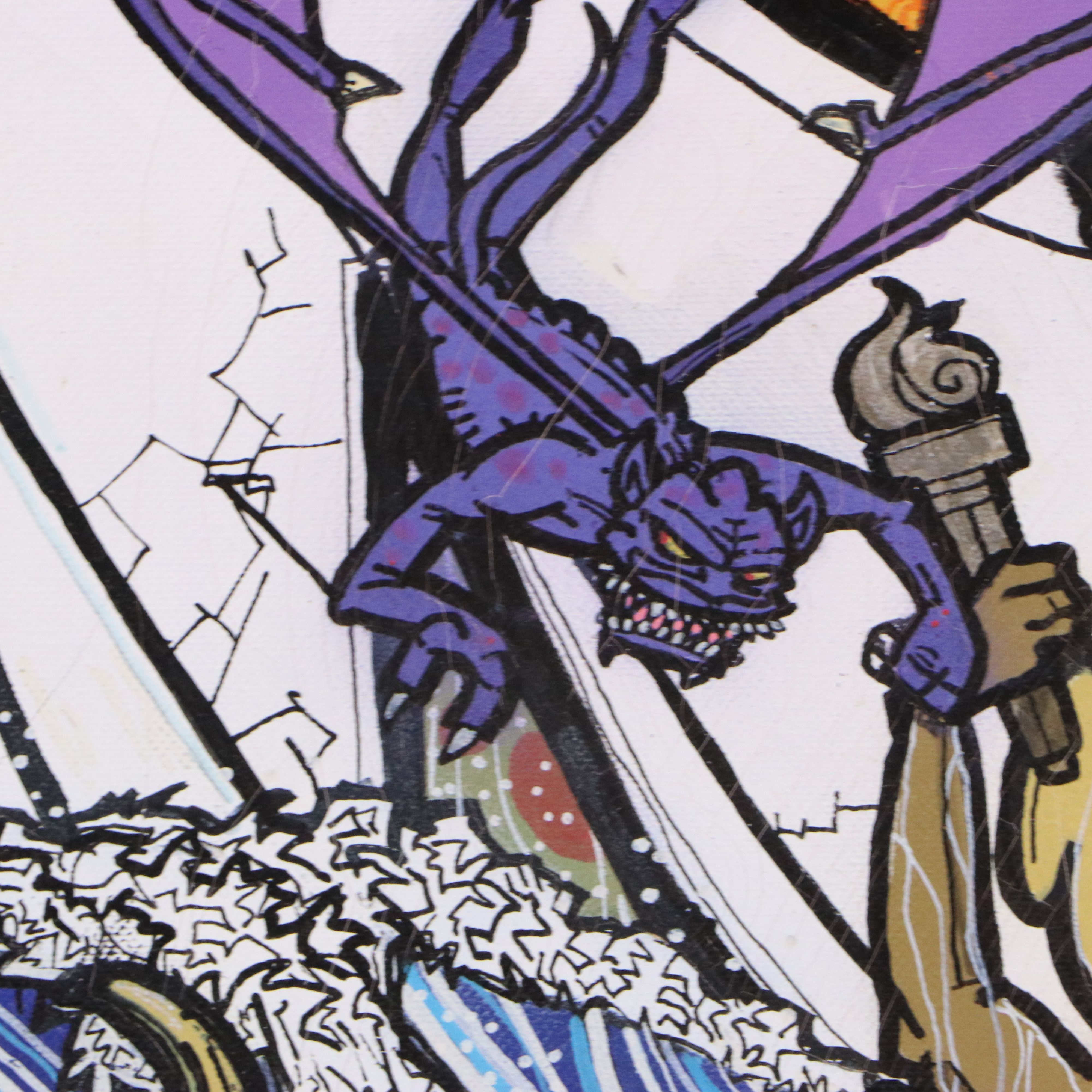 Landscape Acrylic Painting of Fantasy Scene with Dragons, 21st Century